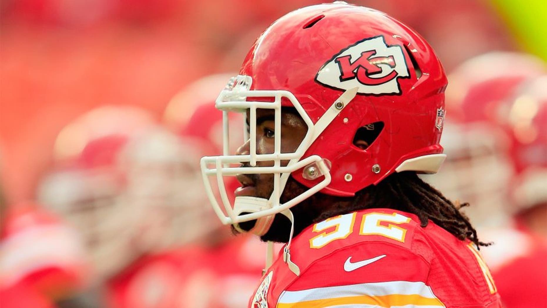 KANSAS CITY, MO - AUGUST 07: Dontari Poe #92 of the Kansas City Chiefs warms up prior to the preseason game against the Cincinnati Bengals at Arrowhead Stadium on August 7, 2014 in Kansas City, Missouri. (Photo by Jamie Squire/Getty Images)