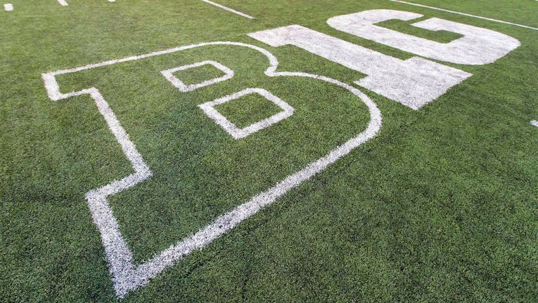 Oct 12, 2013; Madison, WI, USA; The Big Ten logo on the field at Camp Randall Stadium following the game between the Northwestern Wildcats and Wisconsin Badgers. Wisconsin won 35-6. Mandatory Credit: Jeff Hanisch-USA TODAY Sports