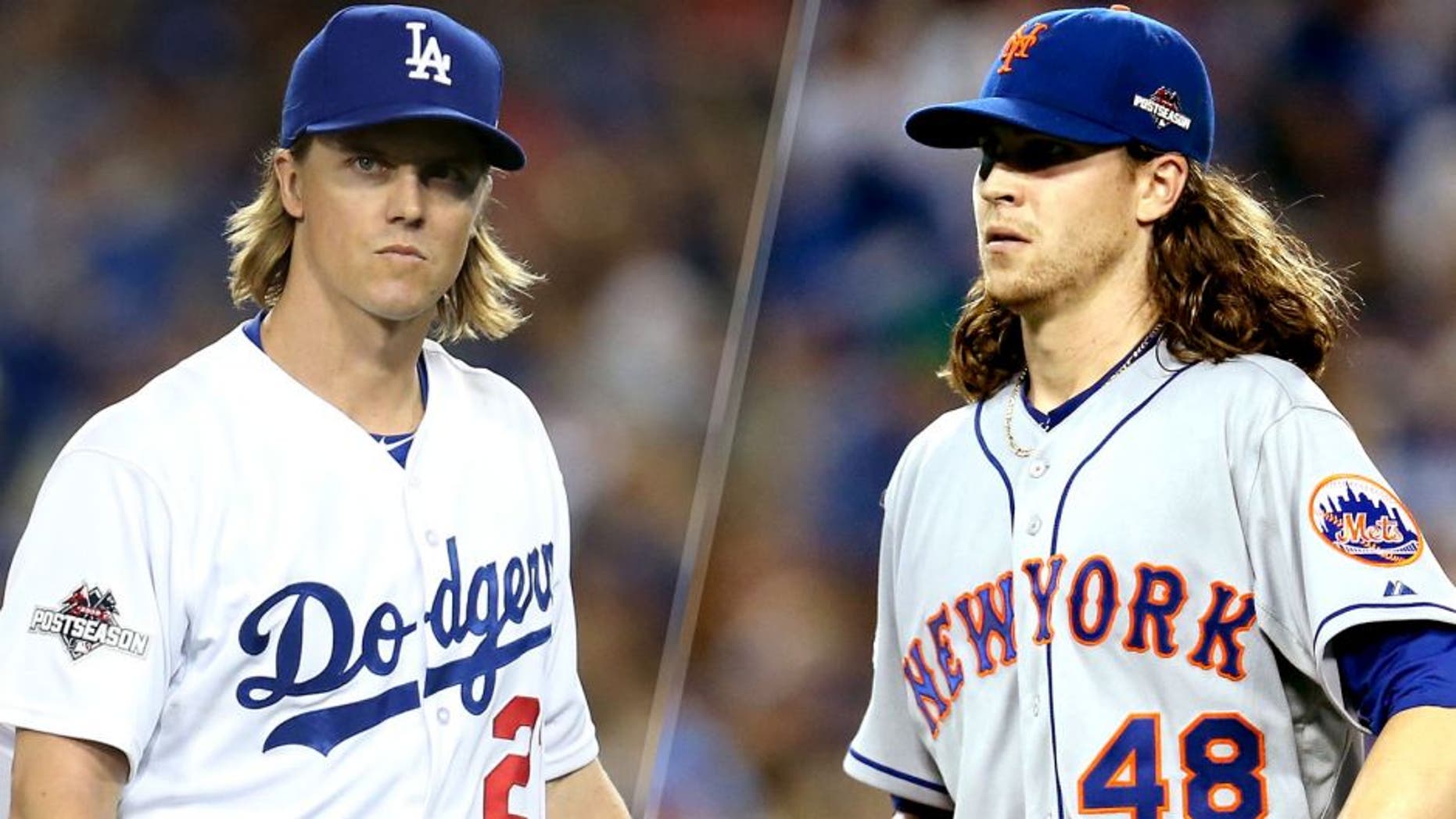LOS ANGELES, CA - OCTOBER 10: Zack Greinke #21 of the Los Angeles Dodgers reacts after the final out in the seventh inning against the New York Mets in game two of the National League Division Series at Dodger Stadium on October 10, 2015 in Los Angeles, California. (Photo by Stephen Dunn/Getty Images) LOS ANGELES, CA - OCTOBER 09: Pitcher Jacob deGrom #48 of the New York Mets reacts after striking out Adrian Gonzalez #23 of the Los Angeles Dodgers to end the third inning in game one of the National League Division Series at Dodger Stadium on October 9, 2015 in Los Angeles, California. (Photo by Stephen Dunn/Getty Images)