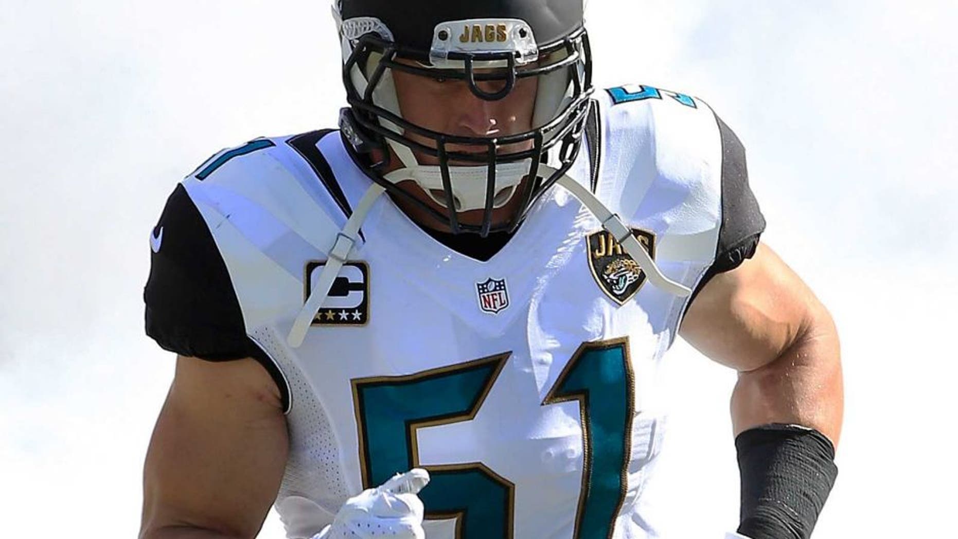 JACKSONVILLE, FL - SEPTEMBER 20: Paul Posluszny #51 of the Jacksonville Jaguars enters the field before the game against the Miami Dolphins at EverBank Field on September 20, 2015 in Jacksonville, Florida. (Photo by Sam Greenwood/Getty Images)