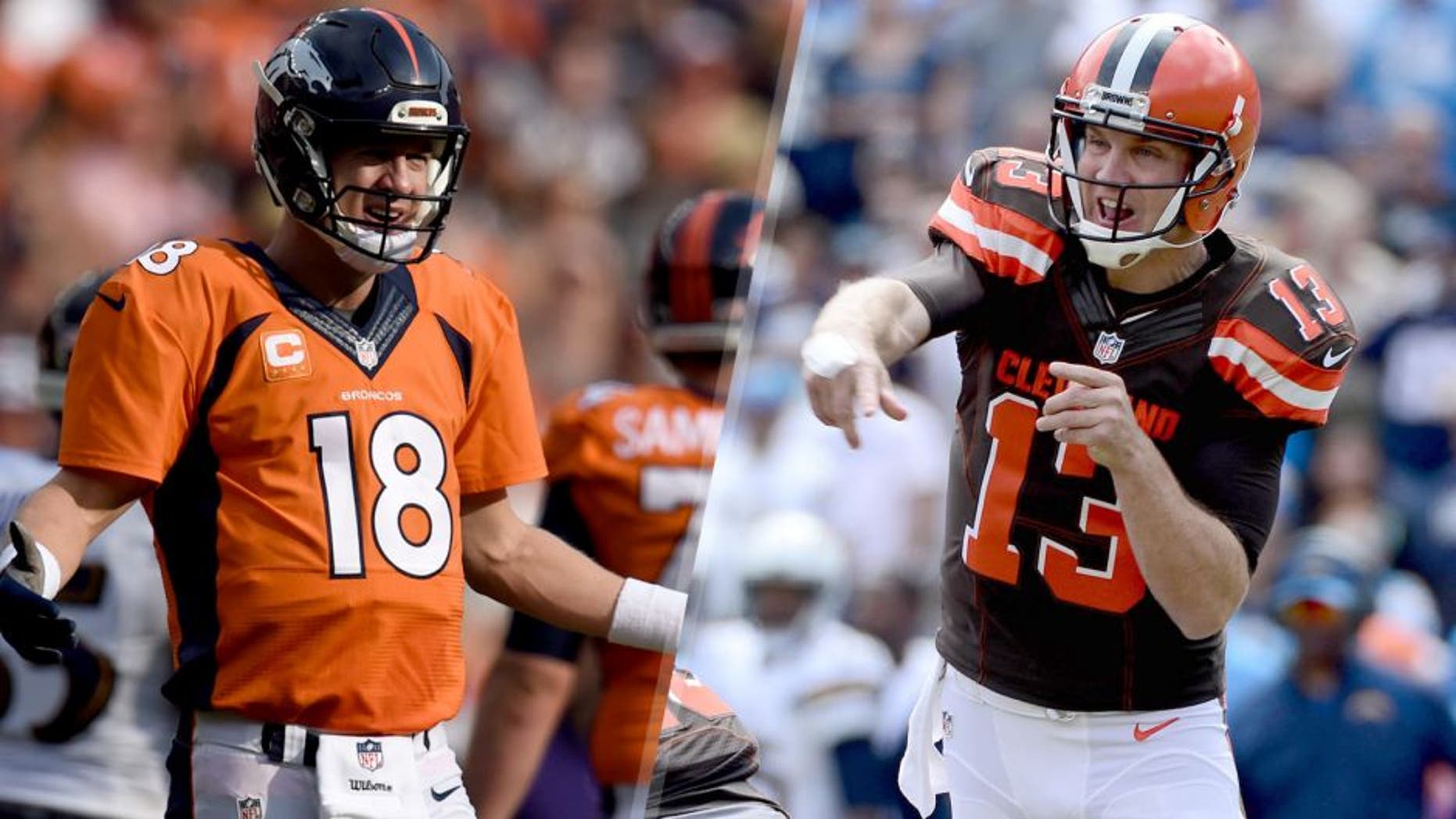 DENVER, CO - SEPTEMBER 13: Peyton Manning (18) of the Denver Broncos complains after a delay of game penalty. The Denver Broncos played the Baltimore Ravens at Sports Authority Field at Mile High in Denver, CO on September 13, 2015. (Photo by AAron Ontiveroz/The Denver Post via Getty Images) SAN DIEGO, CA- OCTOBER 4: Quarterback Josh McCown #13 of the Cleveland Browns throws the ball against the San Diego Chargers during their NFL Game on October 4, 2015 in San Diego, California. (Photo by Donald Miralle/Getty Images)
