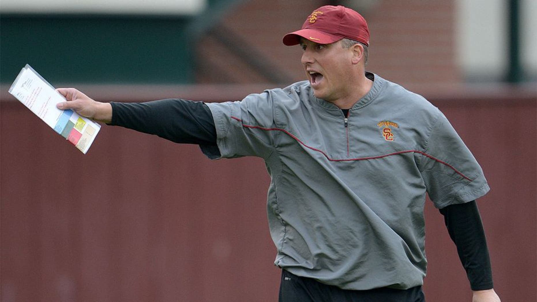 Mar 5, 2013; Los Angeles, CA, USA; Southern California Trojans quarterbacks coach Clay Helton reacts at spring practice at Howard Jones Field. Mandatory Credit: Kirby Lee-USA TODAY Sports