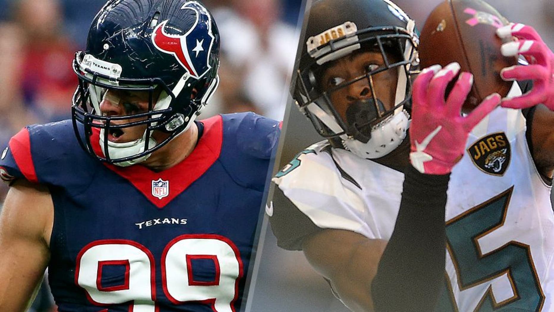 Houston Texans defensive end J.J. Watt (99) reacts during the game against the Tampa Bay Buccaneers at NRG Stadium. Mandatory Credit: Kevin Jairaj-USA TODAY Sports Jacksonville Jaguars receiver Allen Robinson (15) makes a catch in the second half against the Indianapolis Colts at Lucas Oil Stadium. Mandatory Credit: Thomas J. Russo-USA TODAY Sports