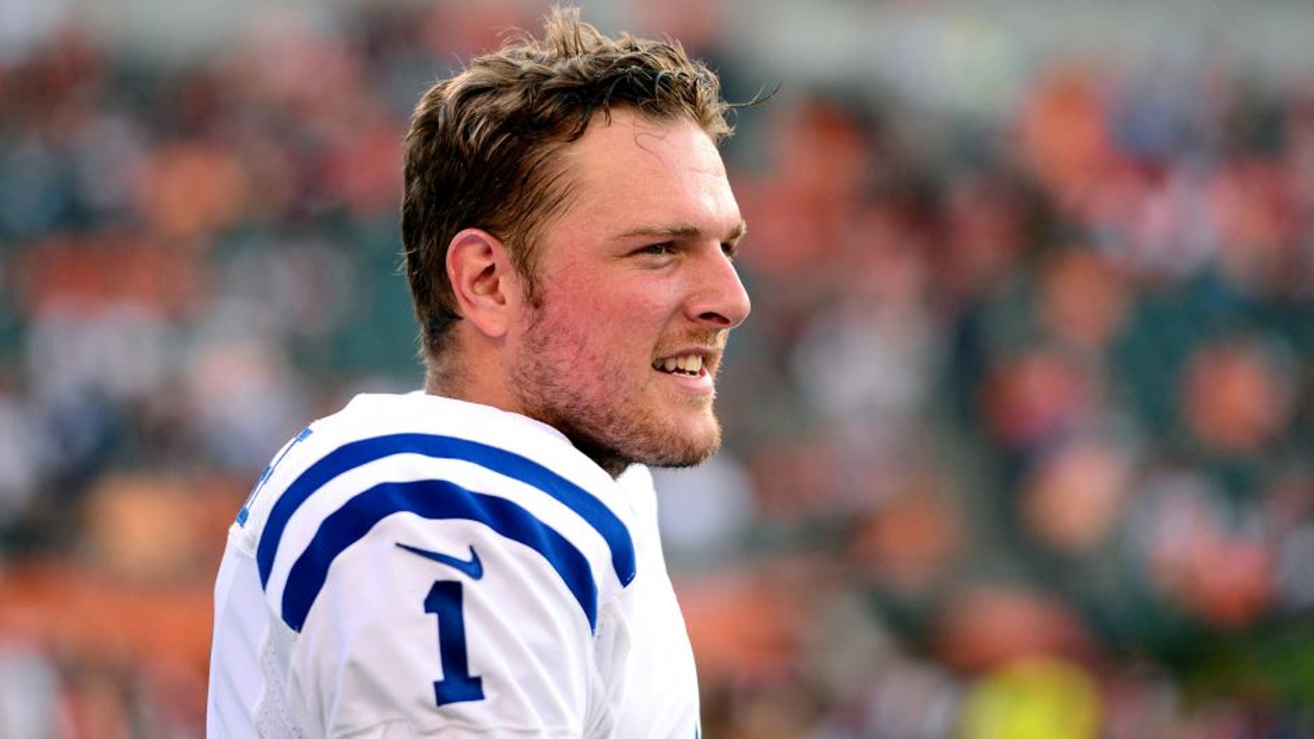 Aug 28, 2014; Cincinnati, OH, USA; Indianapolis Colts punter Pat McAfee (1) against the Cincinnati Bengals at Paul Brown Stadium. Mandatory Credit: Andrew Weber-USA TODAY Sports
