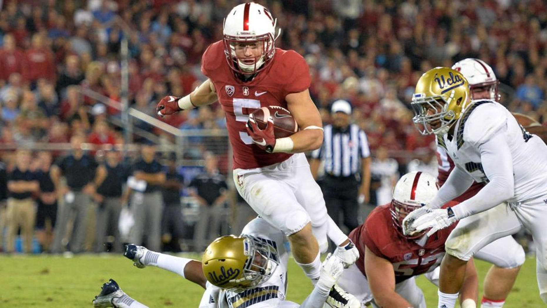 September 12, 2015; Stanford, CA, USA; Stanford Cardinal running back Christian McCaffrey (5) before the game against the Central Florida Knights at Stanford Stadium. Mandatory Credit: Kyle Terada-USA TODAY Sports