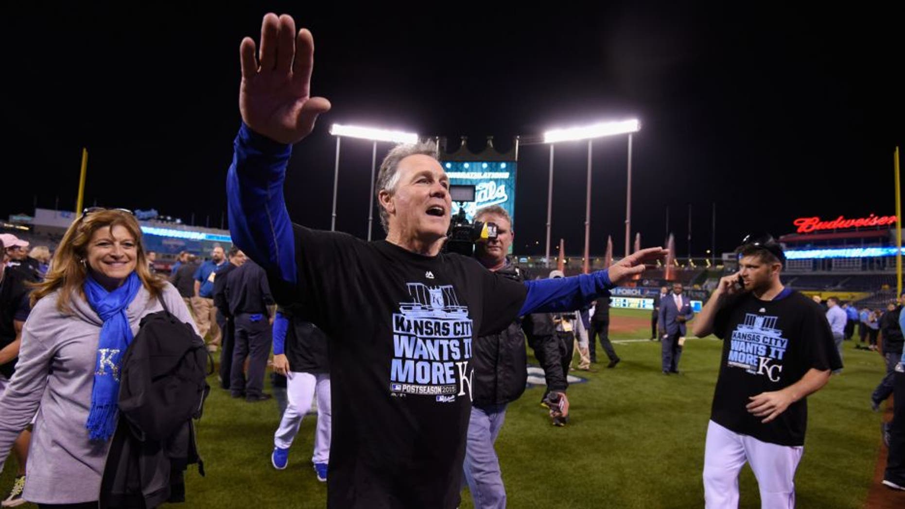 KANSAS CITY, MO - OCTOBER 14: Manager Ned Yost #3 of the Kansas City Royals celebrates after the Kansas City Royals defeat the Houston Astros 7-2 in game five of the American League Divison Series at Kauffman Stadium on October 14, 2015 in Kansas City, Missouri. (Photo by Ed Zurga/Getty Images)