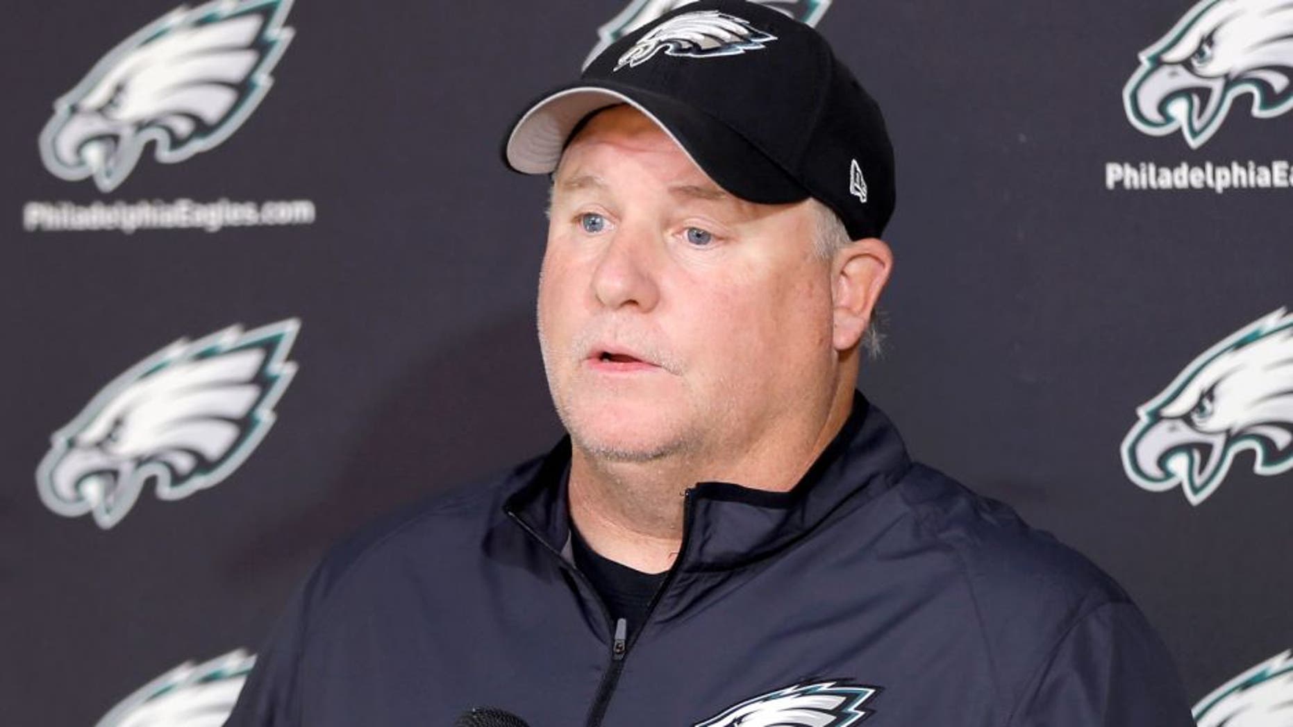 Philadelphia Eagles head coach Chip Kelly speaks with members of the media at the NFL football team's practice facility, Thursday, Oct. 15, 2015, in Philadelphia. (AP Photo/Matt Rourke)
