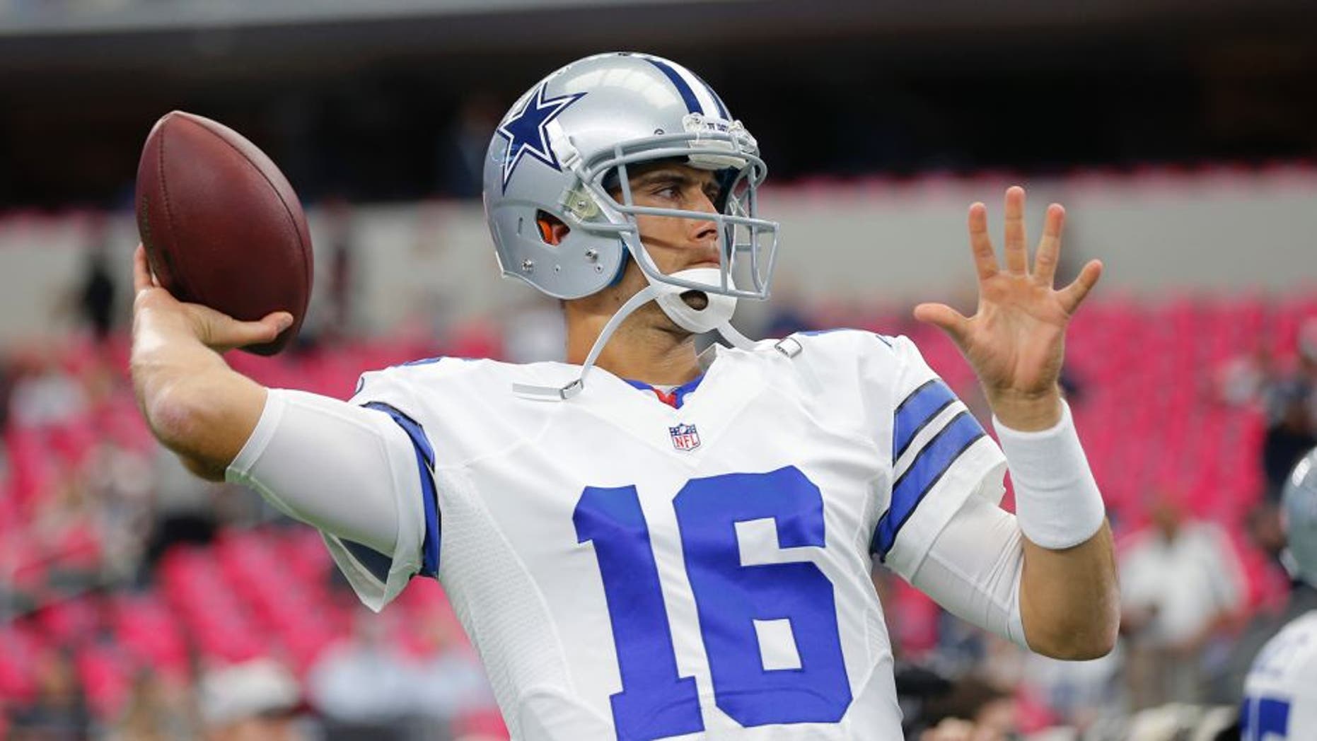 FILE - In this Oct. 11, 2015, file photo, Dallas Cowboys' Matt Cassel (16) throws before an NFL football game against the New England Patriots in Arlington, Texas. Matt Cassel appears on the verge of being named the starter for the Cowboys after Brandon Weeden went 0-3 filling in for Tony Romo. (AP Photo/Brandon Wade, File)