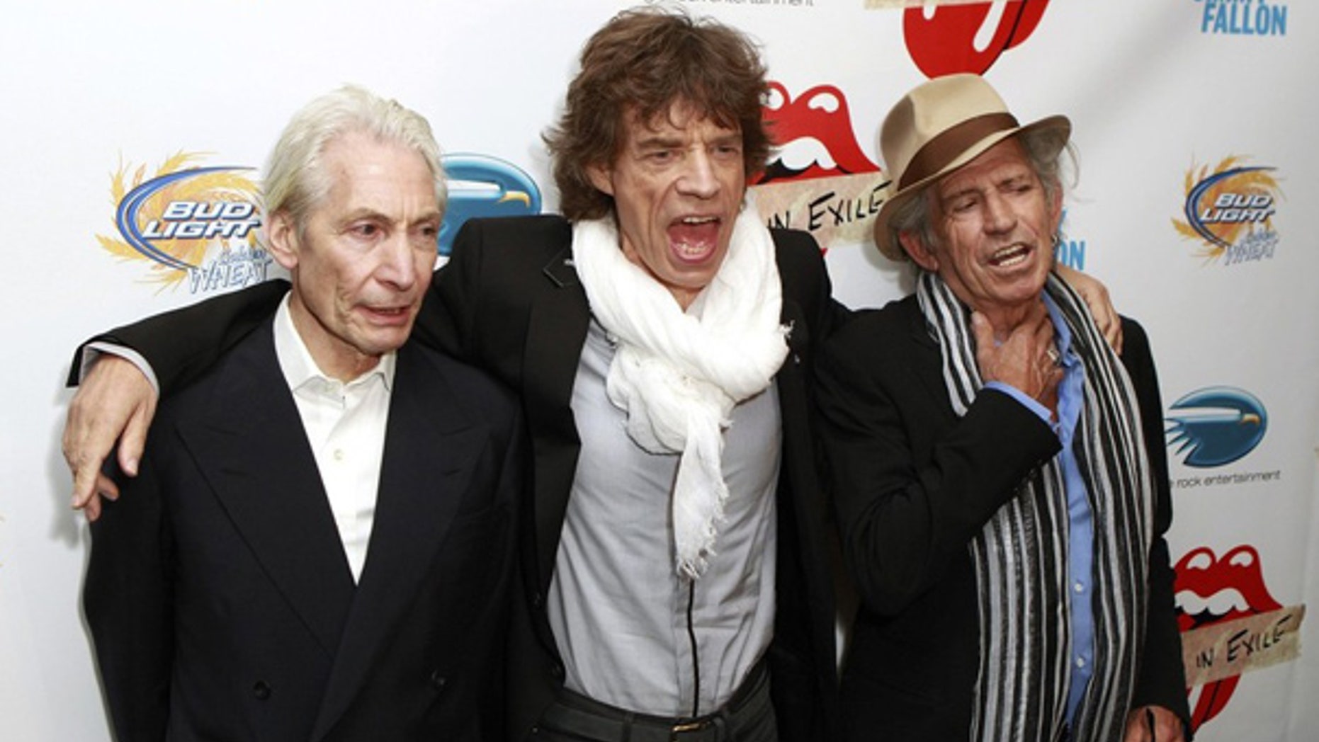 Rolling Stones band members Charles Watts, Mick Jagger, and Keith Richards.