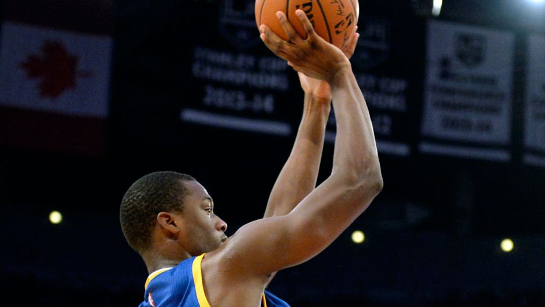 Oct 9, 2014; Los Angeles, CA, USA; Golden State Warriors forward Harrison Barnes (40) shoots against Los Angeles Lakers guard Wayne Ellington (2) during the first half at Staples Center. Mandatory Credit: Richard Mackson-USA TODAY Sports