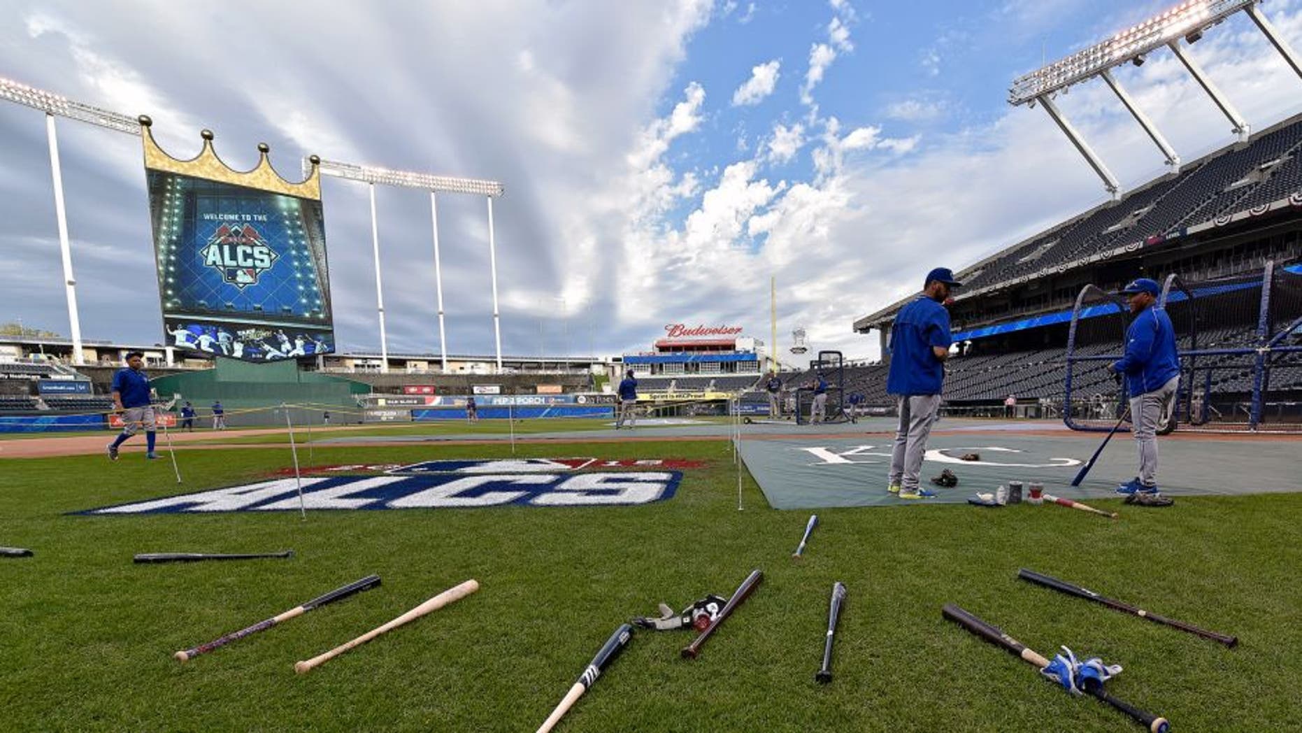 The Toronto Blue Jays take batting practice during a workout on Thursday, Oct. 15, 2015, at Kauffman Stadium in Kansas City, Mo. The Blue Jays meet the Kansas City Royals in Game 1 of the ALCS on Friday. (John Sleezer/Kansas City Star/TNS via Getty Images)