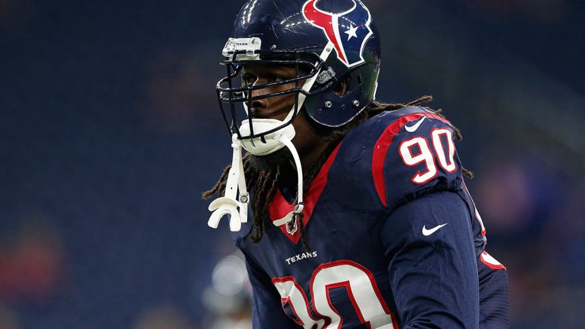 Oct 8, 2015; Houston, TX, USA; Houston Texans defensive end Jadeveon Clowney (90) prior to the game against the Indianapolis Colts at NRG Stadium. Mandatory Credit: Matthew Emmons-USA TODAY Sports