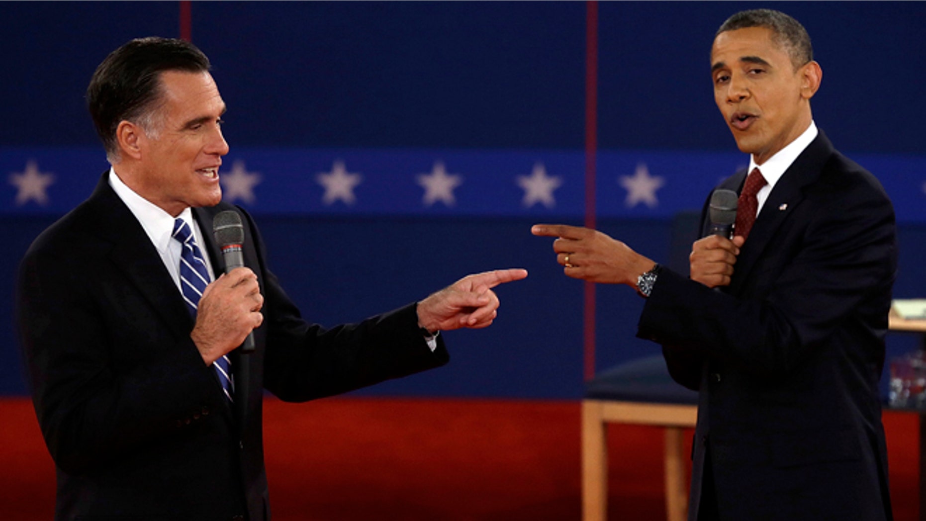 Oct. 16, 2012: Republican presidential nominee Mitt Romney and President Barack Obama spar during the second presidential debate.
