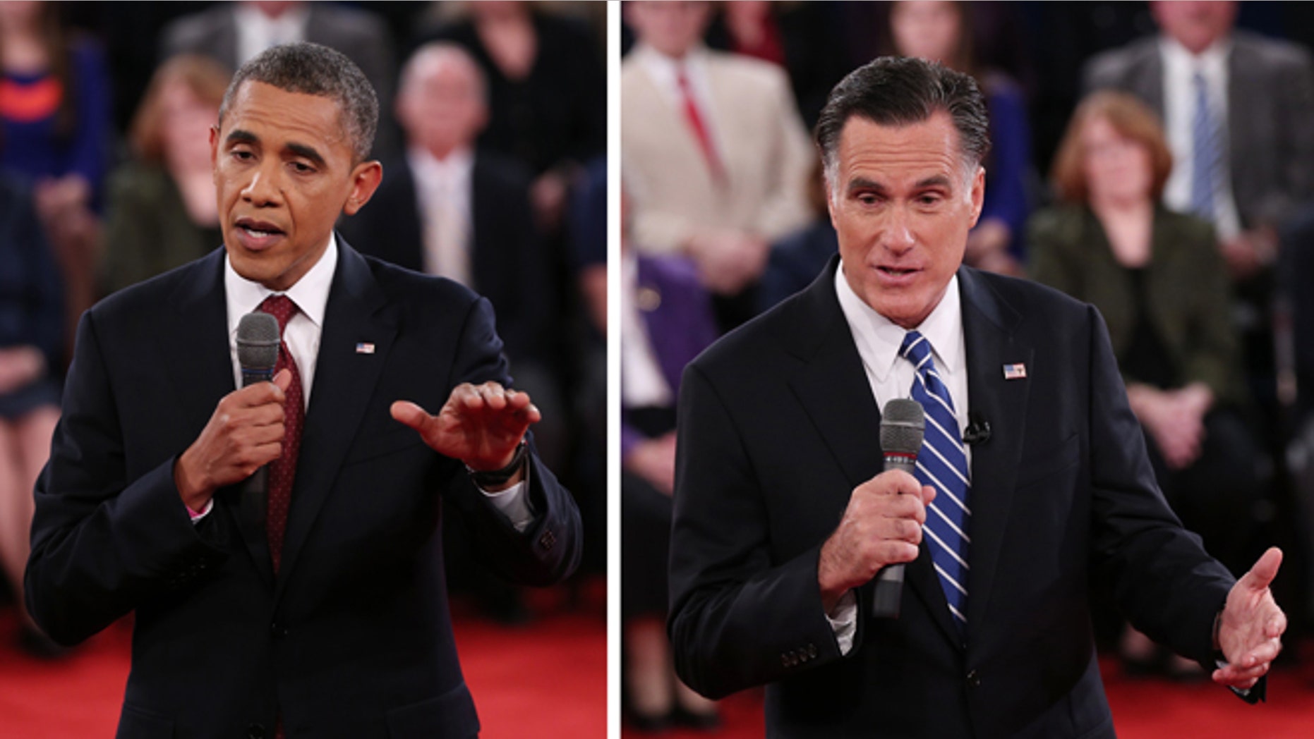 Oct. 16, 2012: President Barack Obama, left, and Republican presidential nominee Mitt Romney address the audience during the second presidential debate at Hofstra University.