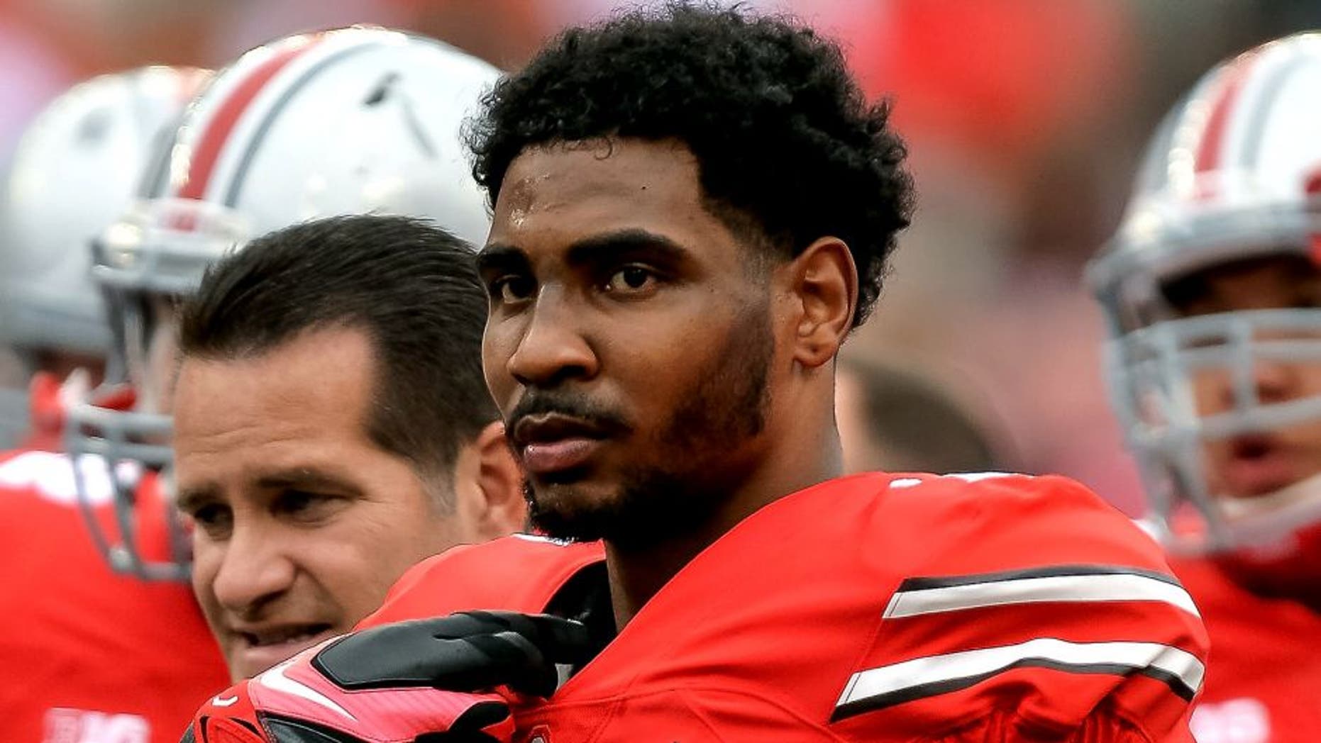 COLUMBUS, OH - SEPTEMBER 26: Braxton Miller #1 of the Ohio State Buckeyes takes a breather before a game against the Western Michigan Broncos at Ohio Stadium on September 26, 2015 in Columbus, Ohio. (Photo by Jamie Sabau/Getty Images)
