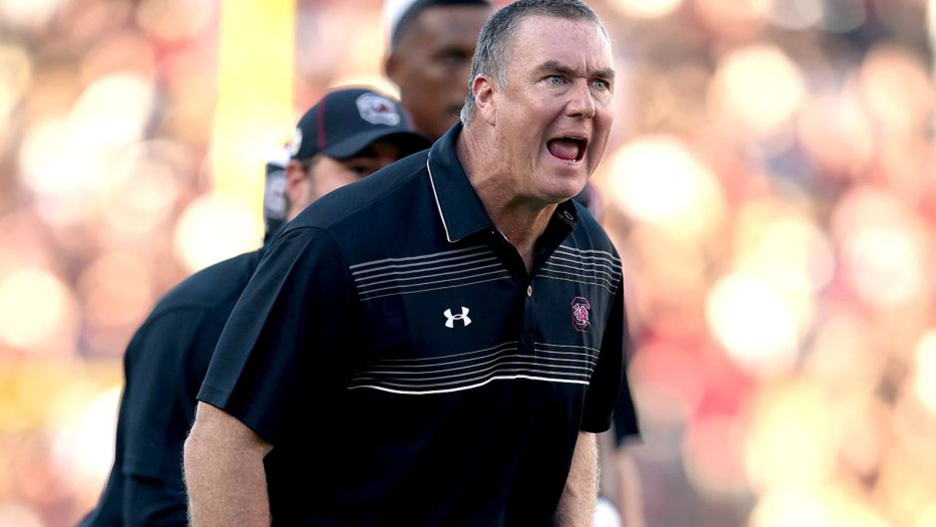 COLUMBIA, SC - OCTOBER 17: Interim head coach Shawn Elliott of the South Carolina Gamecocks reacts to a call during their game against the Vanderbilt Commodores at Williams-Brice Stadium on October 17, 2015 in Columbia, South Carolina. (Photo by Streeter Lecka/Getty Images)