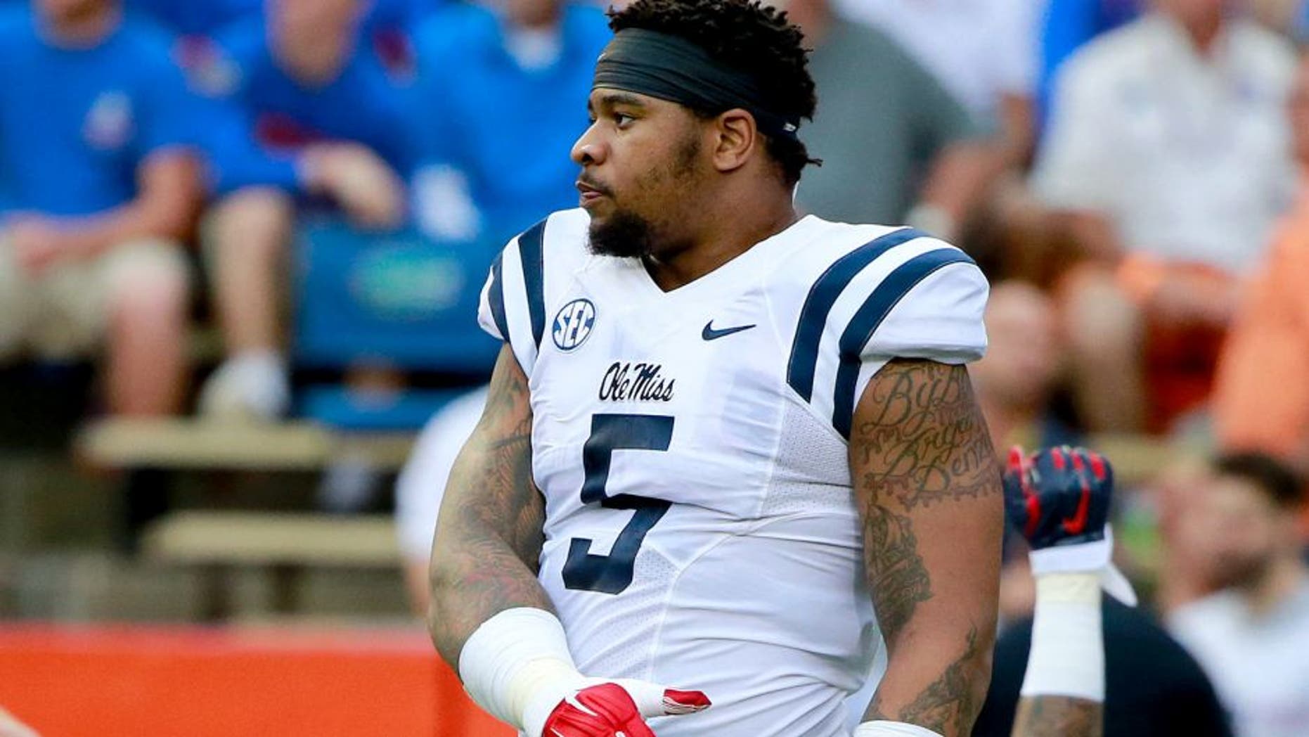 Oct 3, 2015; Gainesville, FL, USA; Mississippi Rebels defensive tackle Robert Nkemdiche (5) works out prior to the game at Ben Hill Griffin Stadium. Mandatory Credit: Kim Klement-USA TODAY Sports