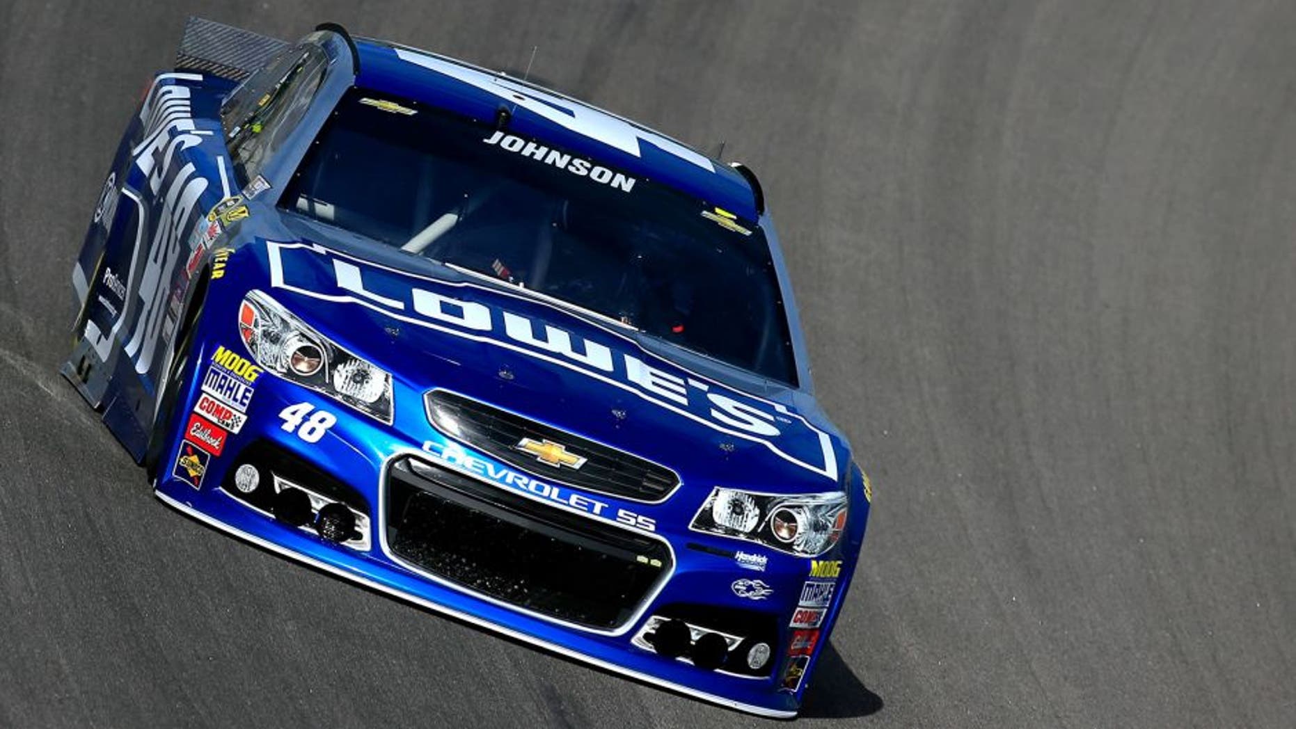 KANSAS CITY, KS - OCTOBER 17: Jimmie Johnson, driver of the #48 Lowe's Chevrolet, practices for the NASCAR Sprint Cup Series Hollywood Casino 400 at Kansas Speedway on October 17, 2015 in Kansas City, Kansas. (Photo by Chris Trotman/NASCAR via Getty Images)