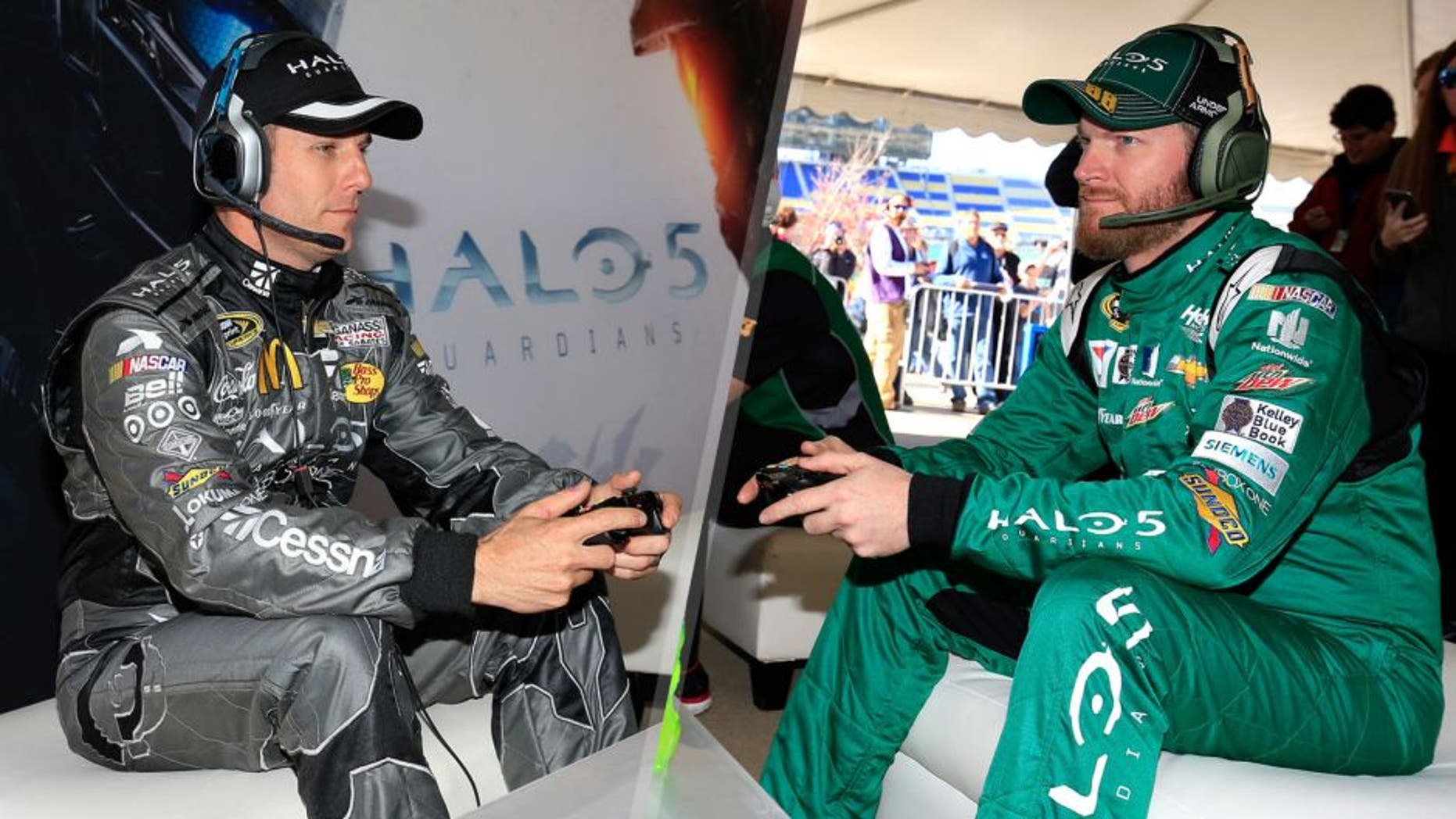 KANSAS CITY, KS - OCTOBER 16: Dale Earnhardt Jr., driver of the #88 Halo 5: Master Chief Chevrolet, and Jamie McMurray, driver of the #1 Halo 5: Spartan Locke/Cessna Chevrolet, play Halo 5 Guardians following practice for the NASCAR Sprint Cup Series Hollywood Casino 400 at Kansas Speedway on October 16, 2015 in Kansas City, Kansas. (Photo by Chris Trotman/NASCAR via Getty Images), KANSAS CITY, KS - OCTOBER 16: Dale Earnhardt Jr., driver of the #88 Halo 5: Master Chief Chevrolet, plays Halo 5 Guardians following practice for the NASCAR Sprint Cup Series Hollywood Casino 400 at Kansas Speedway on October 16, 2015 in Kansas City, Kansas. (Photo by Chris Trotman/NASCAR via Getty Images)