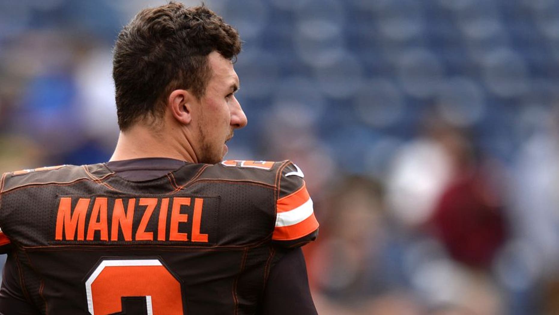 Oct 4, 2015; San Diego, CA, USA; Cleveland Browns quarterback Johnny Manziel (2) looks on before the game against the San Diego Chargers at Qualcomm Stadium. Mandatory Credit: Jake Roth-USA TODAY Sports