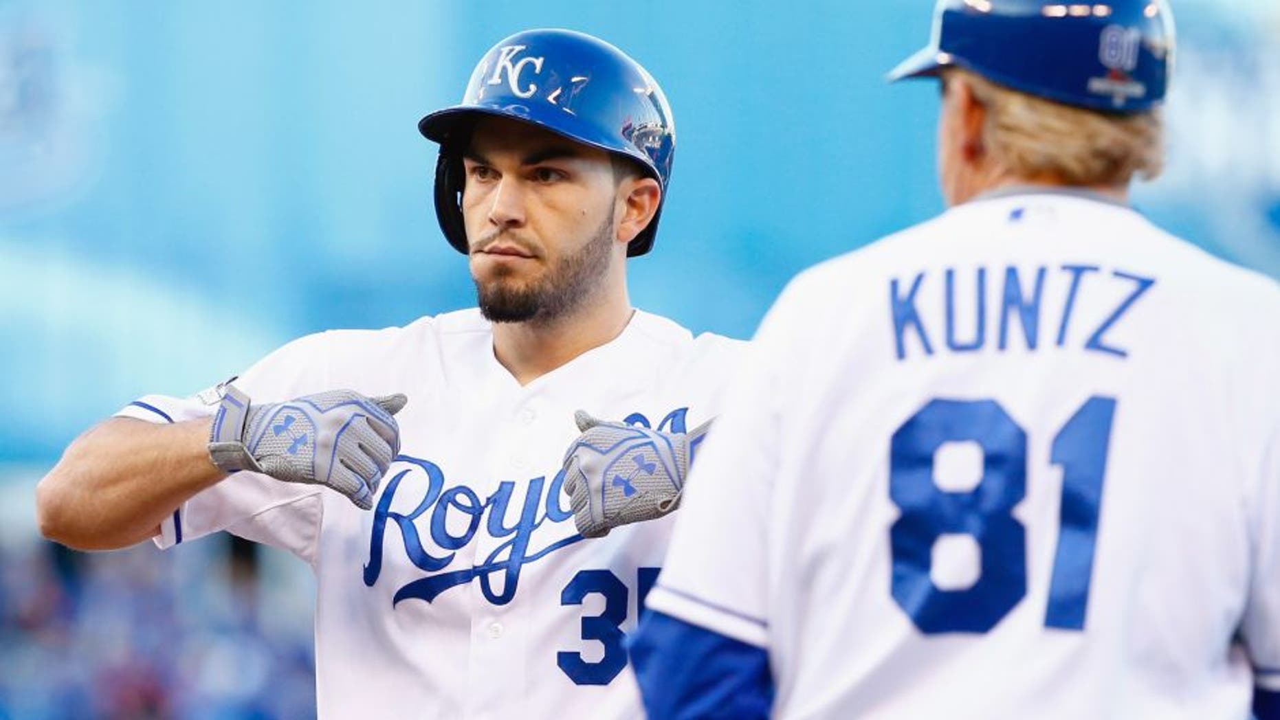 Eric Hosmer #35 of the Kansas City Royals reacts after hitting an RBI single in the seventh inning against the Toronto Blue Jays in game two of the American League Championship Series at Kauffman Stadium on October 17, 2015 in Kansas City, Missouri. (Photo by Jamie Squire/Getty Images)