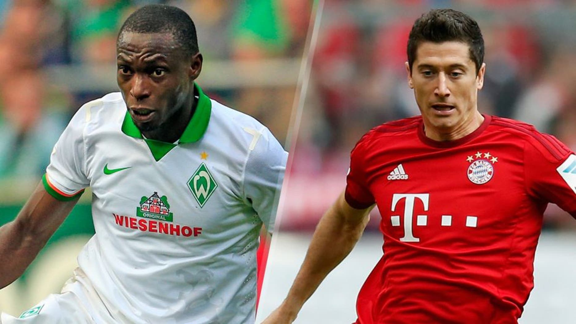 BREMEN, GERMANY - SEPTEMBER 19: Anthony Ujah of Bremen plays the ball during the Bundesliga match between Werder Bremen and FC Ingolstadt at Weserstadion on September 19, 2015 in Bremen, Germany. (Photo by Martin Stoever/Bongarts/Getty Images) MUNICH, GERMANY - OCTOBER 04: Robert Lewandowski of Bayern Muenchen runs with the ball during the Bundesliga match between FC Bayern Muenchen and Borussia Dortmund at Allianz Arena on October 4, 2015 in Munich, Germany. (Photo by Boris Streubel/Getty Images)