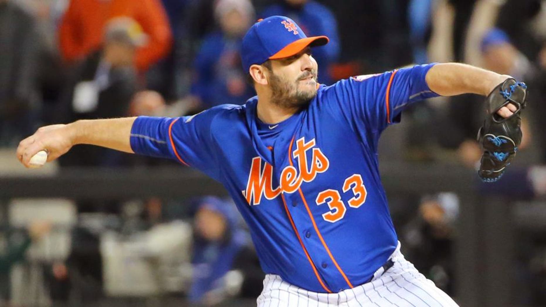Oct 17, 2015; New York City, NY, USA; New York Mets starting pitcher Matt Harvey throws a pitch against the Chicago Cubs in the first inning in game one of the NLCS at Citi Field. Mandatory Credit: Anthony Gruppuso-USA TODAY Sports