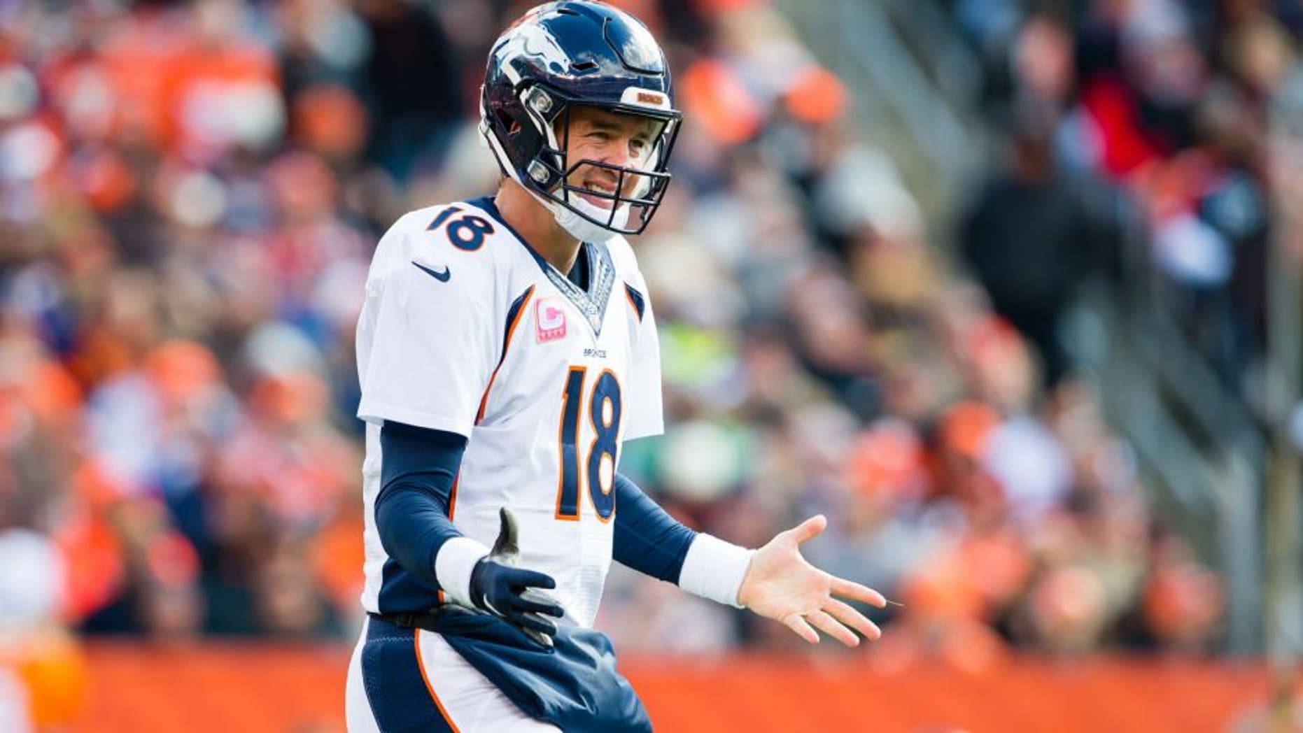 CLEVELAND, OH - OCTOBER 18: Quarterback Peyton Manning #18 of the Denver Broncos reacts after an incomplete pass during the first half against the Cleveland Browns at FirstEnergy Stadium on October 18, 2015 in Cleveland, Ohio. (Photo by Jason Miller/Getty Images)