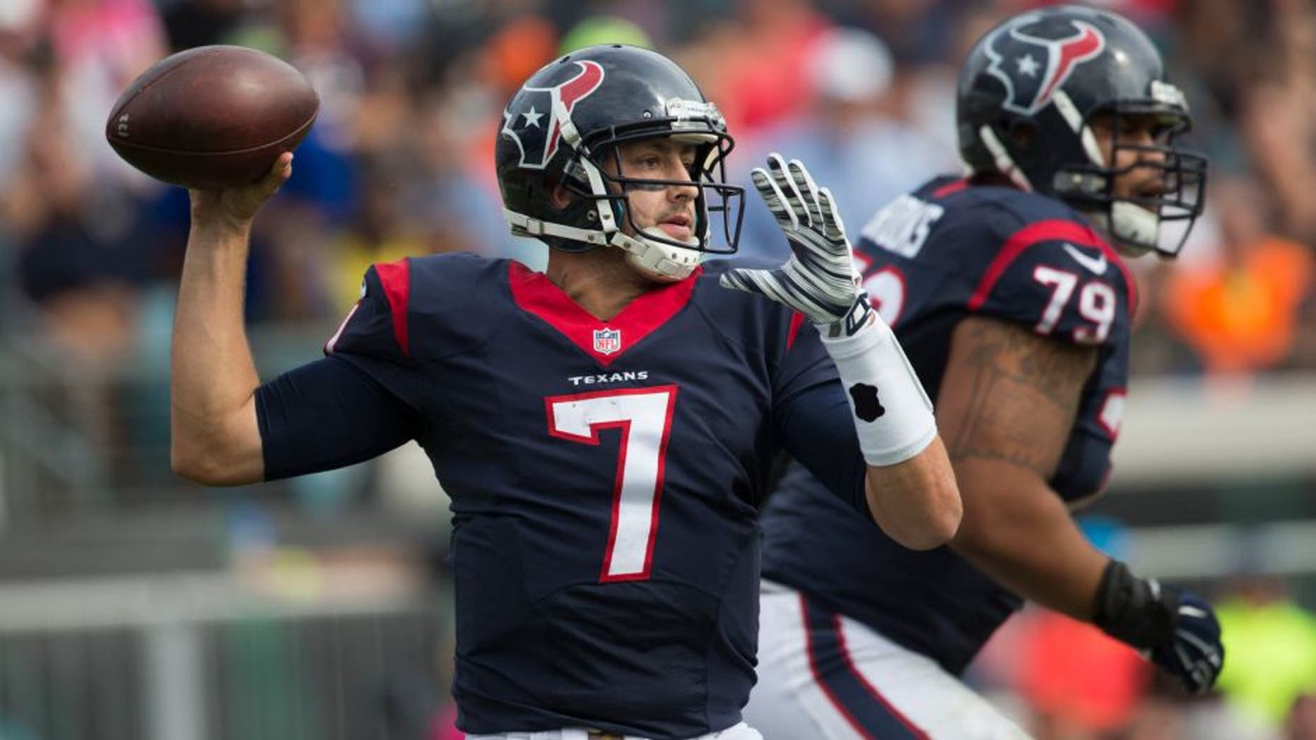Oct 18, 2015; Jacksonville, FL, USA; Houston Texans quarterback Brian Hoyer (7) throws a pass in the third quarter against the Jacksonville Jaguars at EverBank Field. The Houston Texans won 31-20. Mandatory Credit: Logan Bowles-USA TODAY Sports