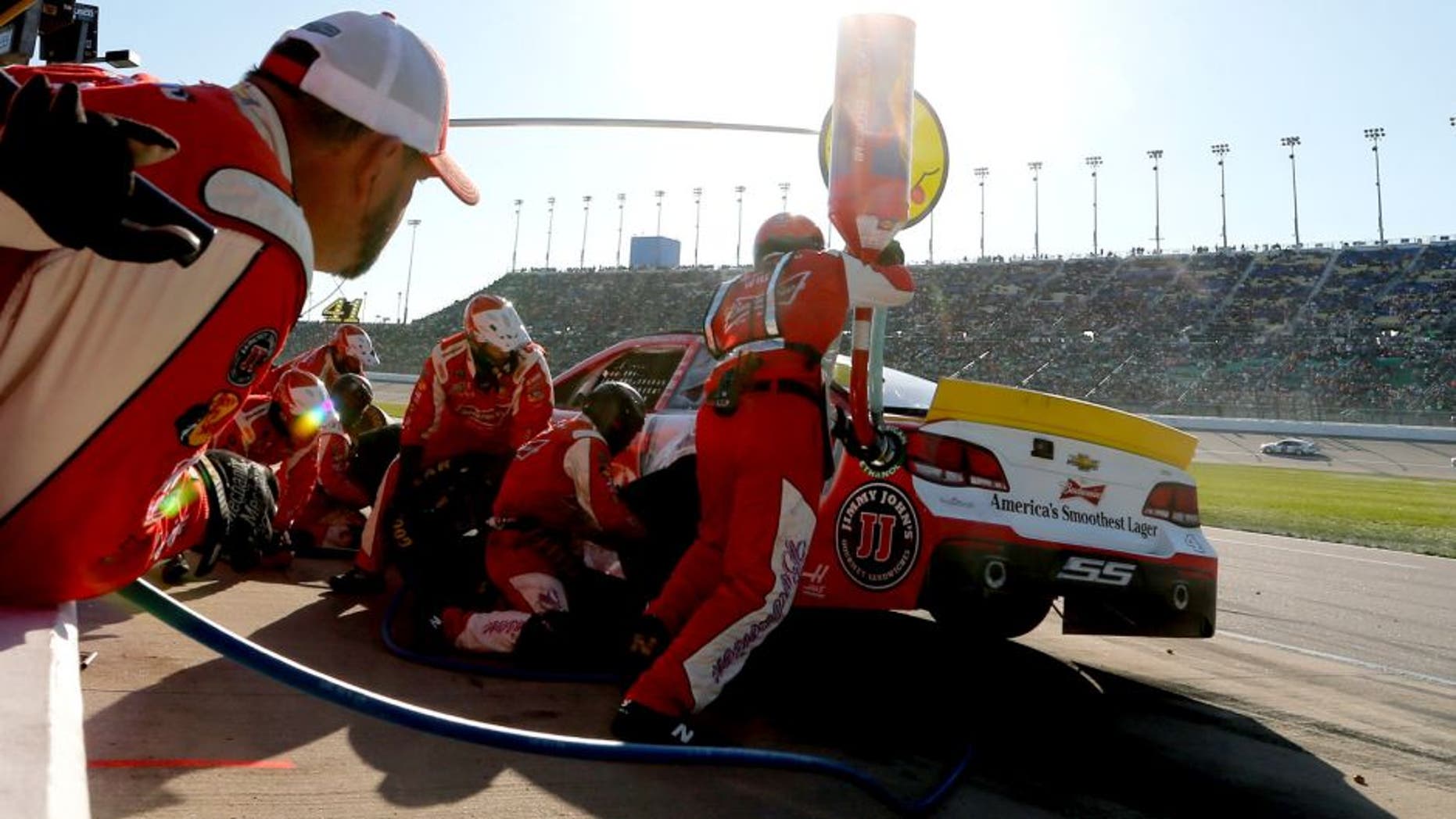 KANSAS CITY, KS - OCTOBER 18: Kevin Harvick, driver of the #4 Budweiser/Jimmy John's Chevrolet, pits during the NASCAR Sprint Cup Series Hollywood Casino 400 at Kansas Speedway on October 18, 2015 in Kansas City, Kansas. (Photo by Brian Lawdermilk/NASCAR via Getty Images)