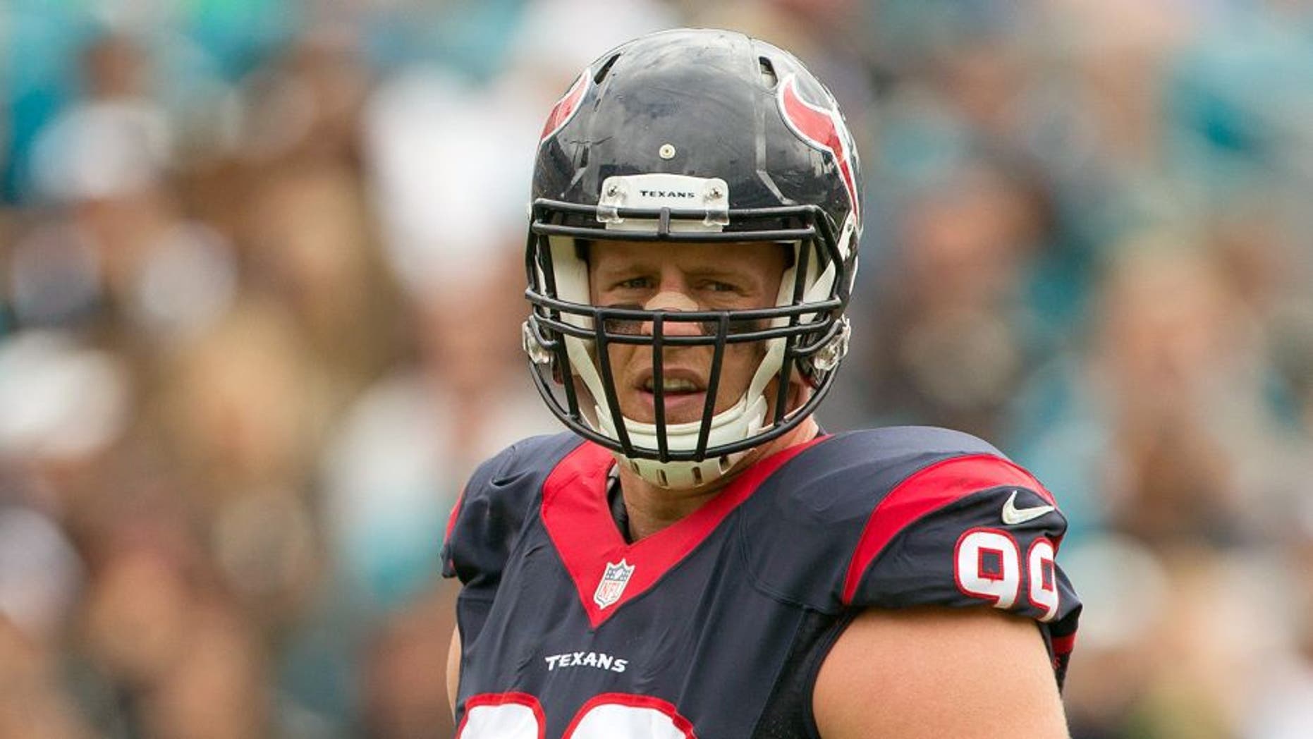 Oct 18, 2015; Jacksonville, FL, USA; Houston Texans defensive end J.J. Watt (99) looks on during the second quarter against the Jacksonville Jaguars at EverBank Field. The Houston Texans won 31-20. Mandatory Credit: Logan Bowles-USA TODAY Sports