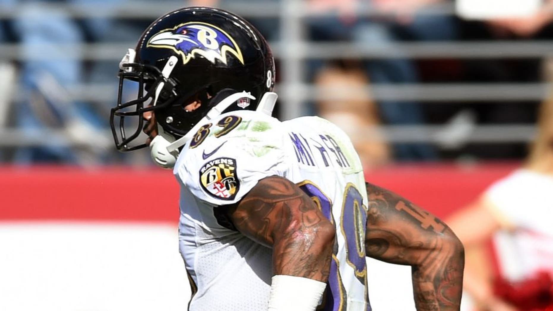 SANTA CLARA, CA - OCTOBER 18: wide receiver Steve Smith #89 of the Baltimore Ravens celebrates after a touchdown against the San Francisco 49ers during their NFL game at Levi's Stadium on October 18, 2015 in Santa Clara, California. (Photo by Thearon W. Henderson/Getty Images)