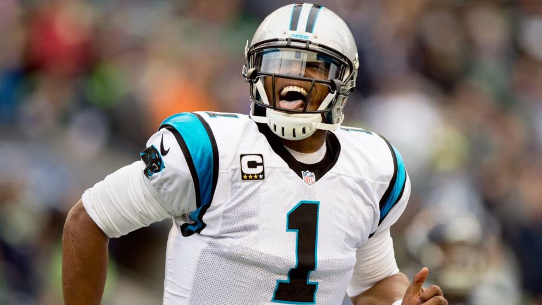 Oct 18, 2015; Seattle, WA, USA; Carolina Panthers quarterback Cam Newton (1) reacts to a play against the Seattle Seahawks during the first half at CenturyLink Field. Mandatory Credit: Troy Wayrynen-USA TODAY Sports