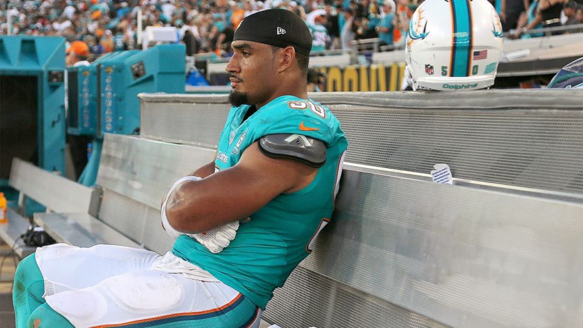 JACKSONVILLE, FL - SEPTEMBER 20: Olivier Vernon #50 of the Miami Dolphins looks on during a game against the Jacksonville Jaguars at EverBank Field on September 20, 2015 in Jacksonville, Florida. (Photo by Mike Ehrmann/Getty Images)