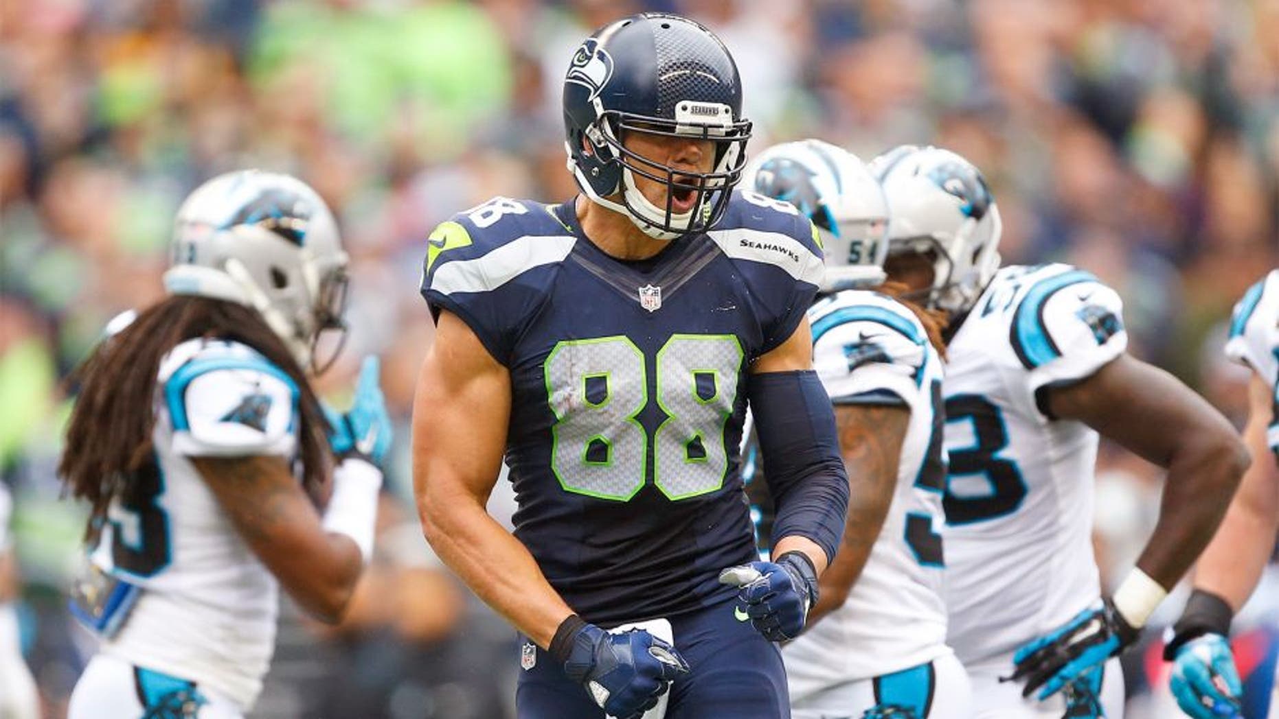 Oct 18, 2015; Seattle, WA, USA; Seattle Seahawks tight end Jimmy Graham (88) reacts after making a reception for a first down against the Carolina Panthers during the second quarter at CenturyLink Field. Mandatory Credit: Joe Nicholson-USA TODAY Sports