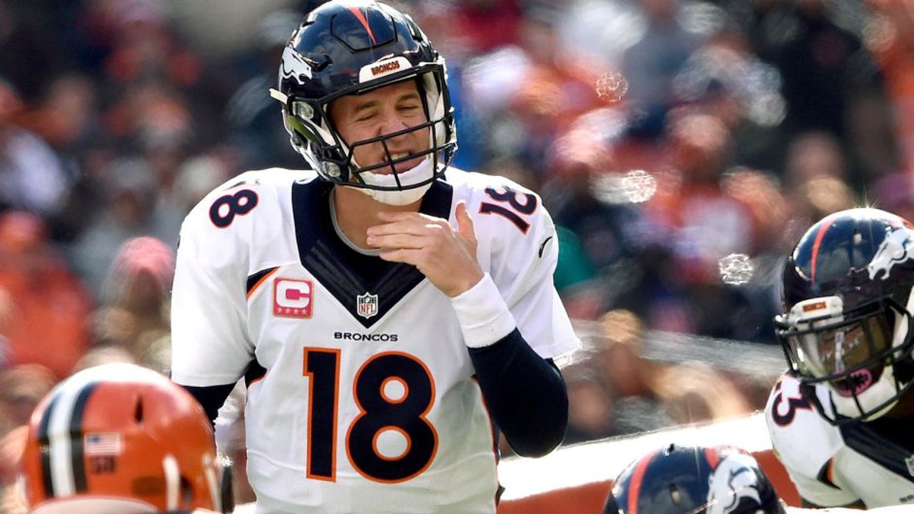 CLEVELAND, OH - OCTOBER 18: Denver Broncos quarterback Peyton Manning #18 calling the play at the line in the second half vs the Cleveland Browns at FirstEnergy Stadium in Cleveland, OH, October 18, 2015 (Photo By Joe Amon/The Denver Post via Getty Images)