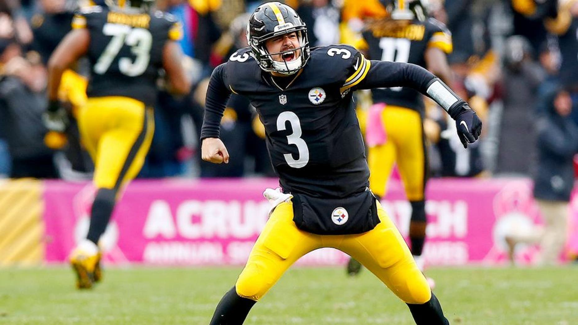 PITTSBURGH, PA - OCTOBER 18: Landry Jones #3 of the Pittsburgh Steelers celebrates a 4th quarter touchdown pass during the game against the Arizona Cardinals at Heinz Field on October 18, 2015 in Pittsburgh, Pennsylvania. (Photo by Jared Wickerham/Getty Images)