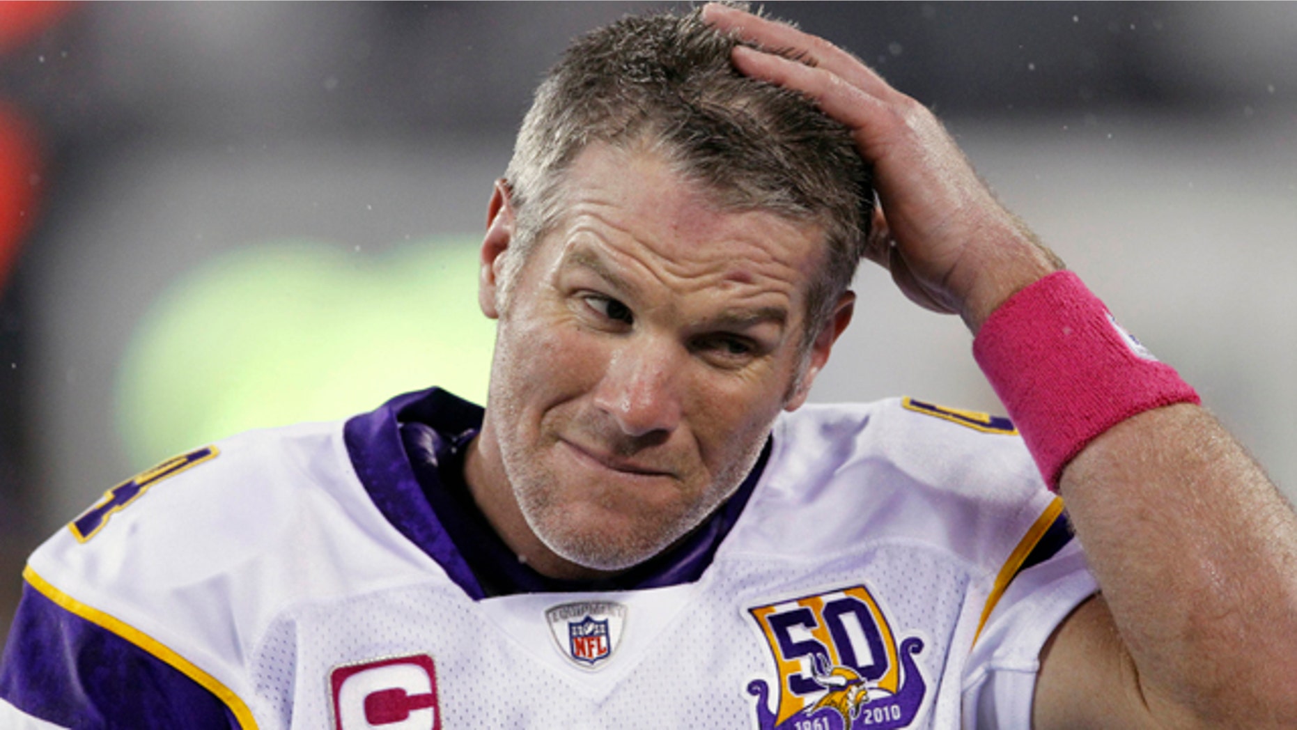 Oct. 11, 2010: Minnesota Vikings quarterback Brett Favre reacts during the third quarter of an NFL football game against the New York Jets in East Rutherford, N.J.