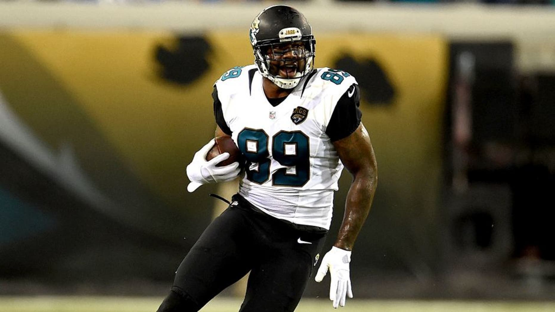 JACKSONVILLE, FL - AUGUST 28: Marcedes Lewis #89 of the Jacksonville Jaguars runs for yards during a preseason game against the Detroit Lions at EverBank Field on August 28, 2015 in Jacksonville, Florida. (Photo by Stacy Revere/Getty Images)