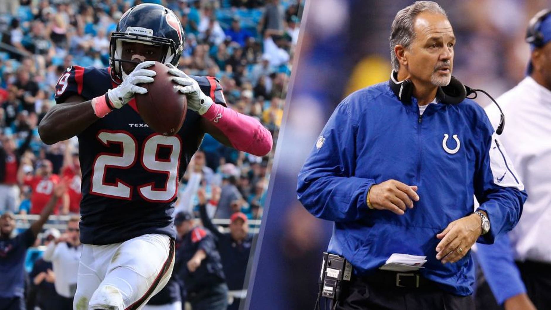 JACKSONVILLE, FL - OCTOBER 18: Andre Hal #29 of the Houston Texans takes an interception across the goal line for a touchdown during the game against the Jacksonville Jaguars at EverBank Field on October 18, 2015 in Jacksonville, Florida. (Photo by Sam Greenwood/Getty Images) INDIANAPOLIS, IN - OCTOBER 18: Head Coach Chuck Pagano of the Indianapolis Colts looks on in the second quarter of the game against the New England Patriots at Lucas Oil Stadium on October 18, 2015 in Indianapolis, Indiana. (Photo by Joe Robbins/Getty Images)