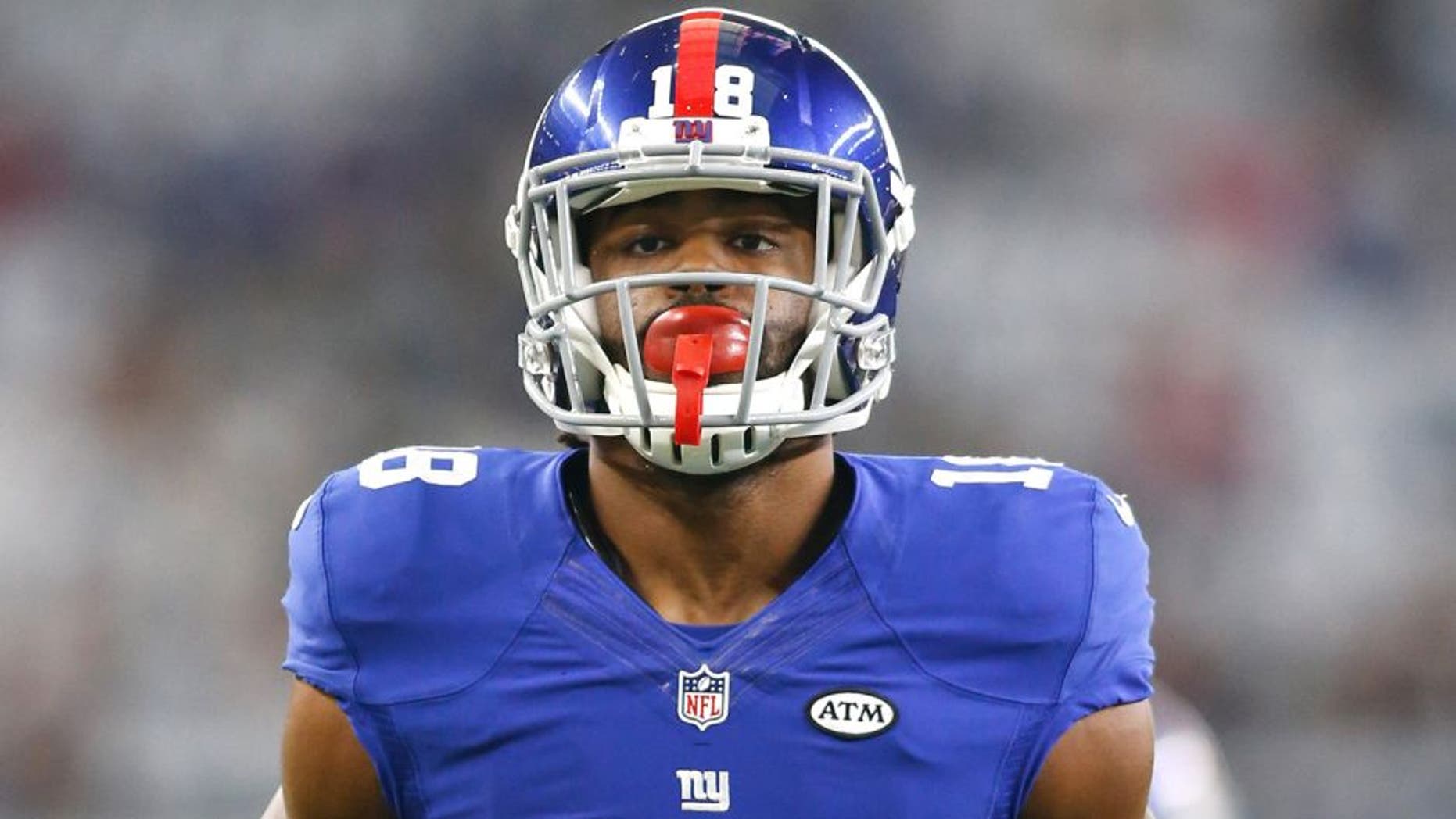 Sep 13, 2015; Arlington, TX, USA; New York Giants wide receiver Geremy Davis (18) runs with the ball before the game against the Dallas Cowboys at AT&T Stadium. Dallas won 27-26. Mandatory Credit: Tim Heitman-USA TODAY Sports