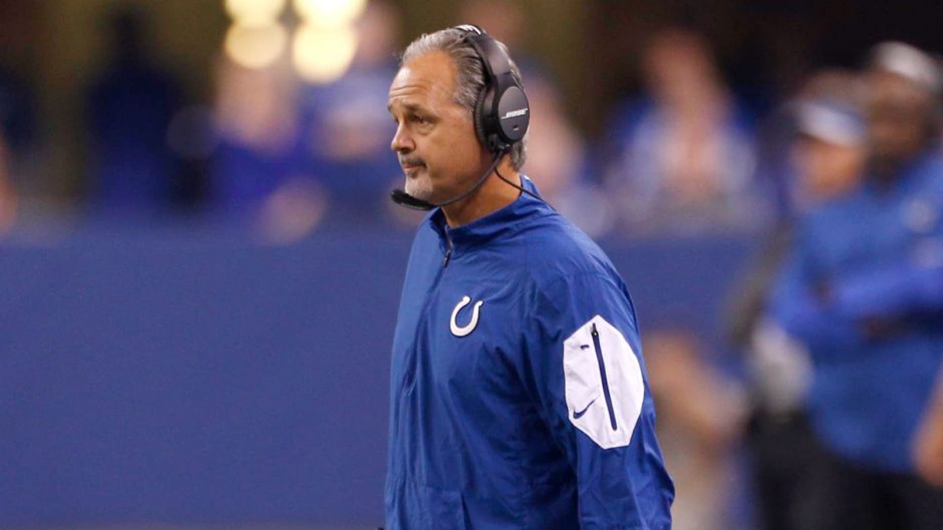 Oct 18, 2015; Indianapolis, IN, USA; Indianapolis Colts head coach Chuck Pagano during the NFL game against the New England Patriots at Lucas Oil Stadium. Mandatory Credit: Brian Spurlock-USA TODAY Sports