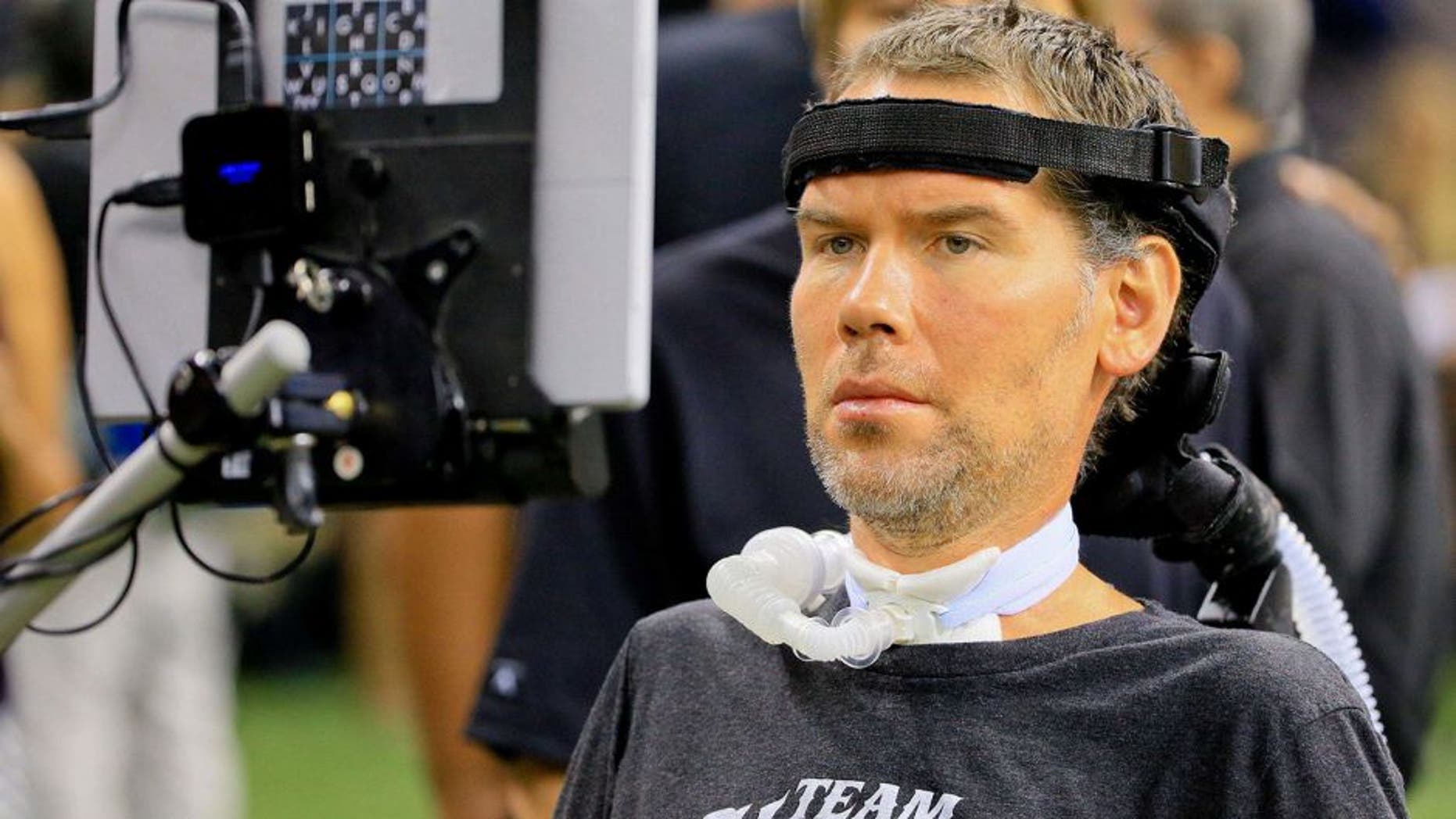 Sep 20, 2015; New Orleans, LA, USA; New Orleans Saints former player Steve Gleason who suffers from ALS is seen on the sideline during the second quarter of a game against the Tampa Bay Buccaneers at the Mercedes-Benz Superdome. Mandatory Credit: Derick E. Hingle-USA TODAY Sports