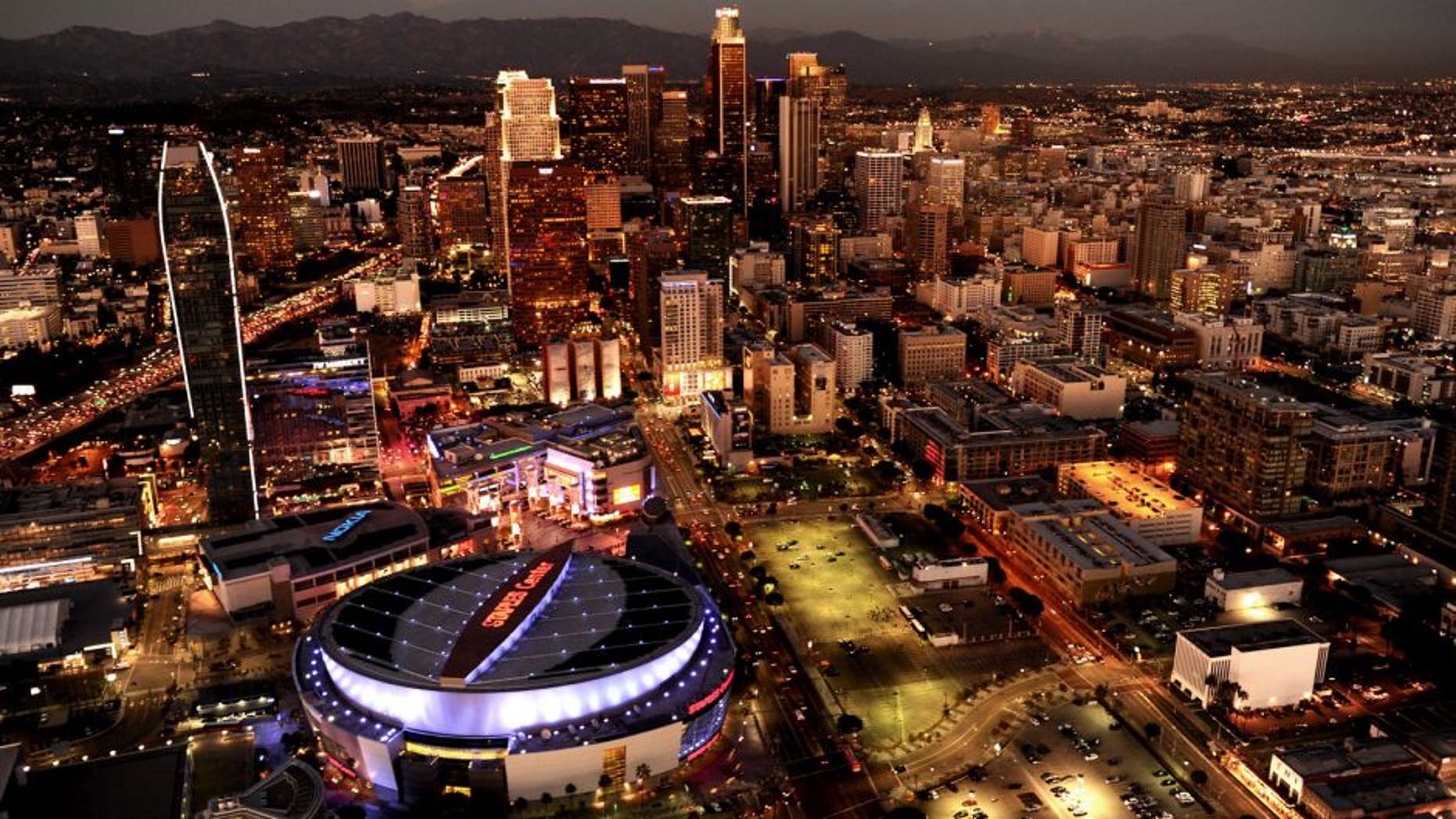 GRIFFITH PARK, CA NOVEMBER 4, 2014 -- Aerial view of the downtown Los Angeles skyline with Staples Center and LA Live foreground left. taken on November 4, 2014. (Photo by Wally Skalij/Los Angeles Times via Getty Images)