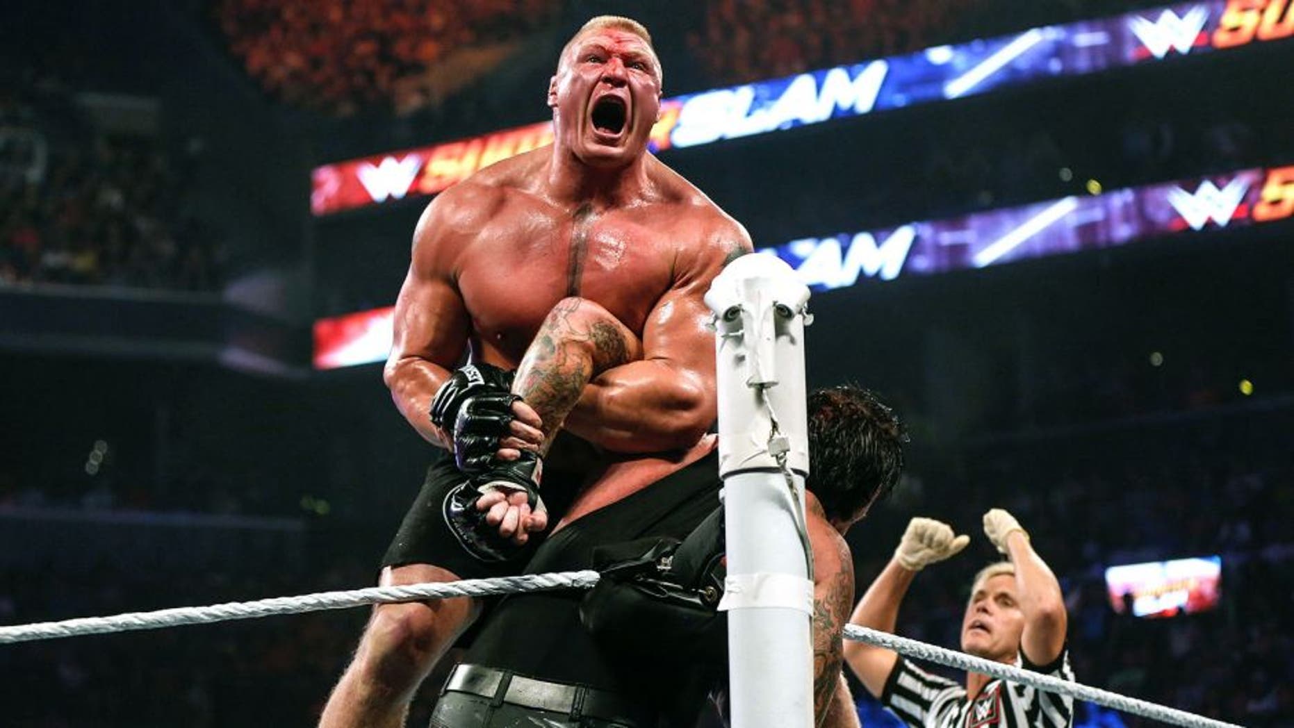 NEW YORK, NY - AUGUST 23: Brock Lesnar and The Undertaker battle it out at the WWE SummerSlam 2015 at Barclays Center of Brooklyn on August 23, 2015 in New York City. (Photo by JP Yim/Getty Images)