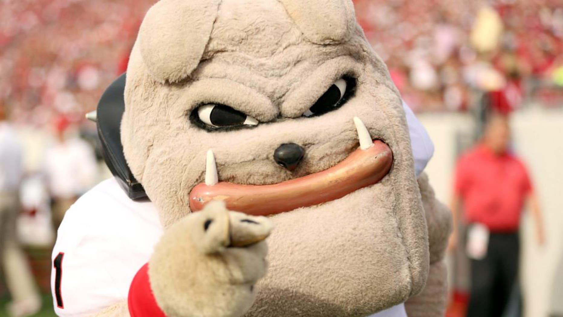 Oct 18, 2014; Little Rock, AR, USA; Georgia Bulldogs mascot during the first half against the Arkansas Razorbacks at War Memorial Stadium. Mandatory Credit: Nelson Chenault-USA TODAY Sports