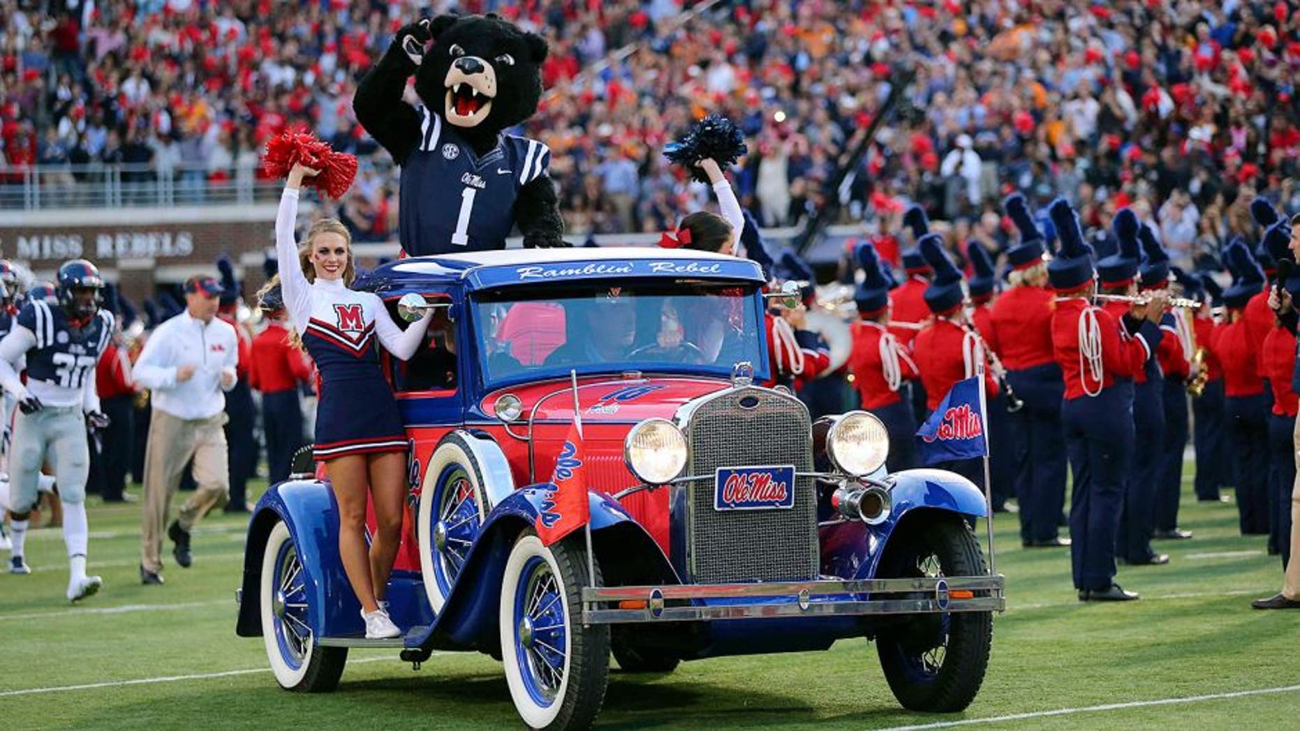 Oct 18, 2014; Oxford, MS, USA; General view as the Mississippi Rebels mascot Rebel takes the field in a Ole Miss car before the game against the Tennessee Volunteers at Vaught-Hemingway Stadium. Mandatory Credit: Spruce Derden-USA TODAY Sports
