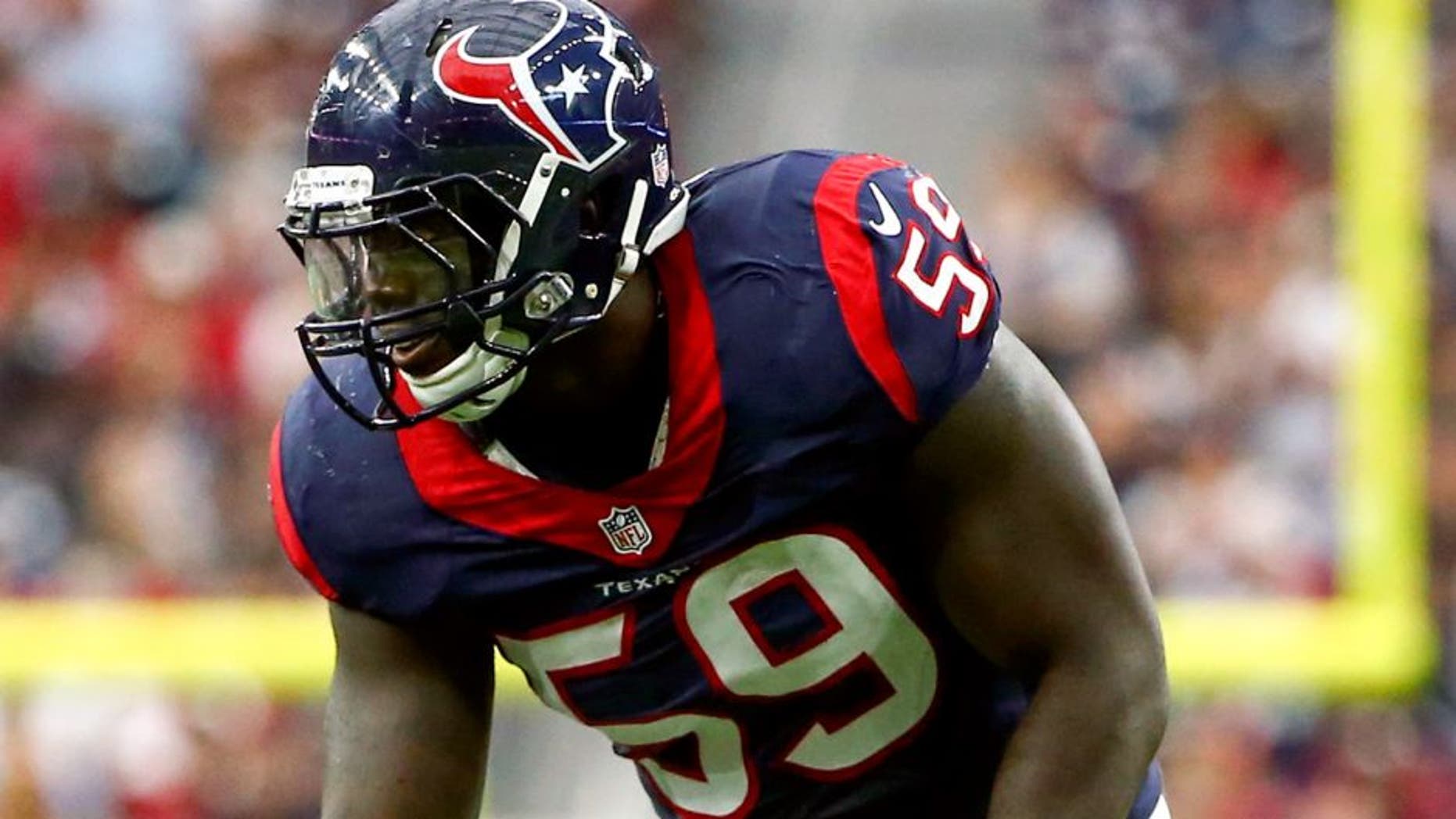 Sep 27, 2015; Houston, TX, USA; Houston Texans outside linebacker Whitney Mercilus (59) against the Tampa Bay Buccaneers at NRG Stadium. Mandatory Credit: Kevin Jairaj-USA TODAY Sports