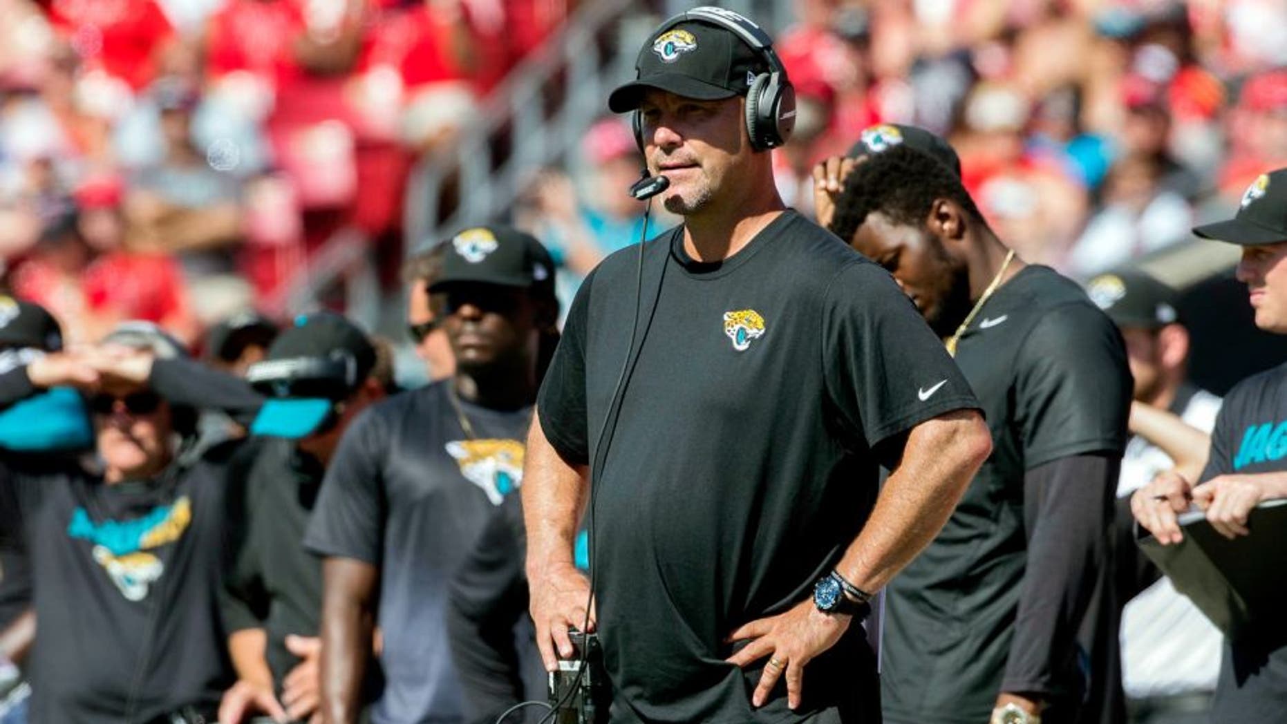 Oct 11, 2015; Tampa, FL, USA; Jacksonville Jaguars head coach Gus Bradley during a game against Tampa Bay Buccaneers at Raymond James Stadium.The Tampa Bay Buccaneers won 38-31 Mandatory Credit: Logan Bowles-USA TODAY Sports