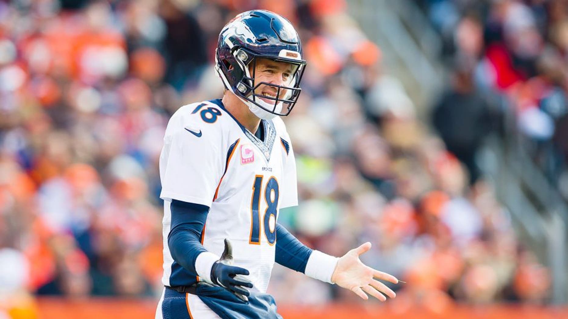 CLEVELAND, OH - OCTOBER 18: Quarterback Peyton Manning #18 of the Denver Broncos reacts after an incomplete pass during the first half against the Cleveland Browns at FirstEnergy Stadium on October 18, 2015 in Cleveland, Ohio. (Photo by Jason Miller/Getty Images)